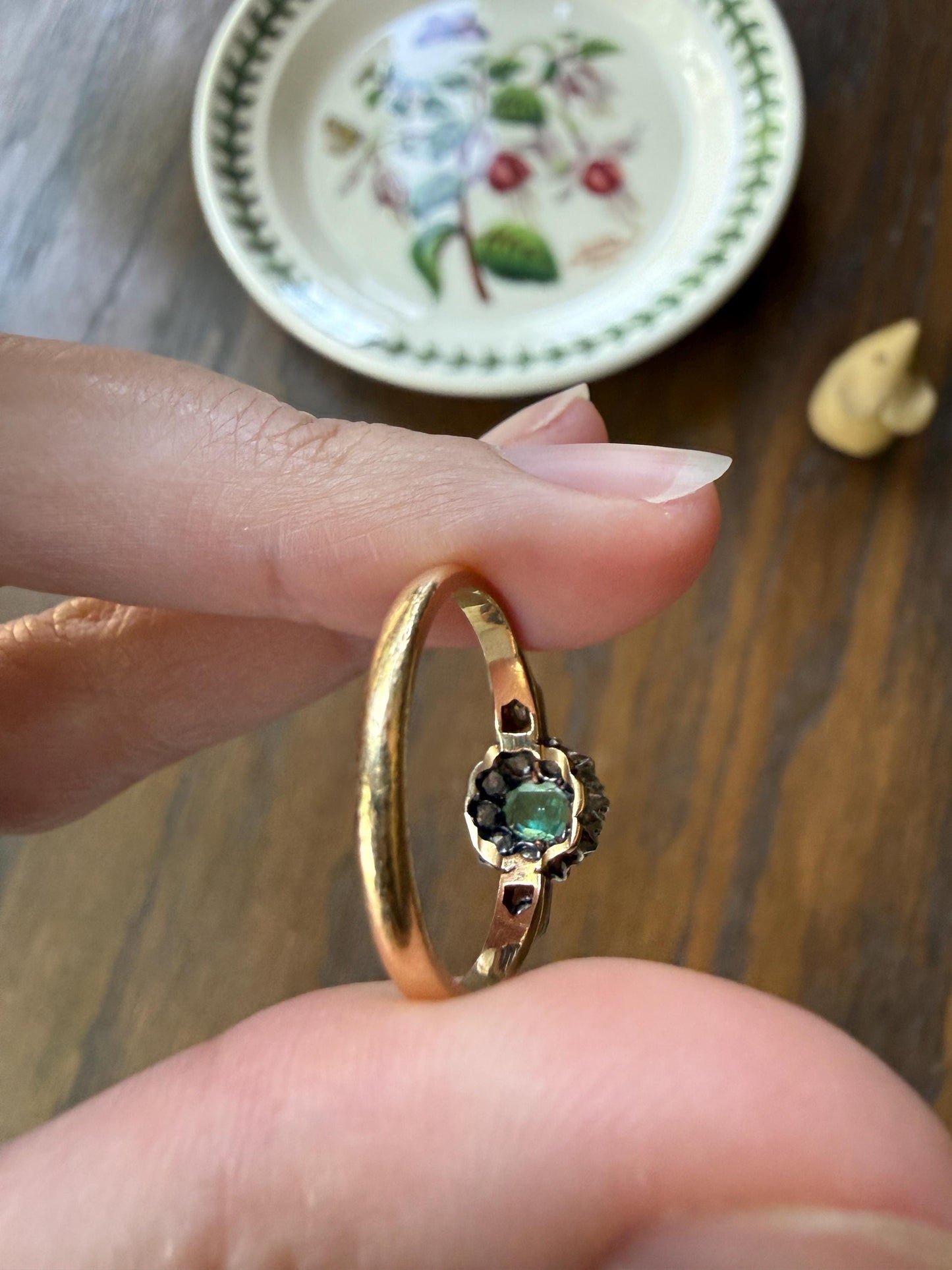 Emerald Old Mine Cut Diamond ANTIQUE Halo Ring 18k Gold Platinum Stacker
