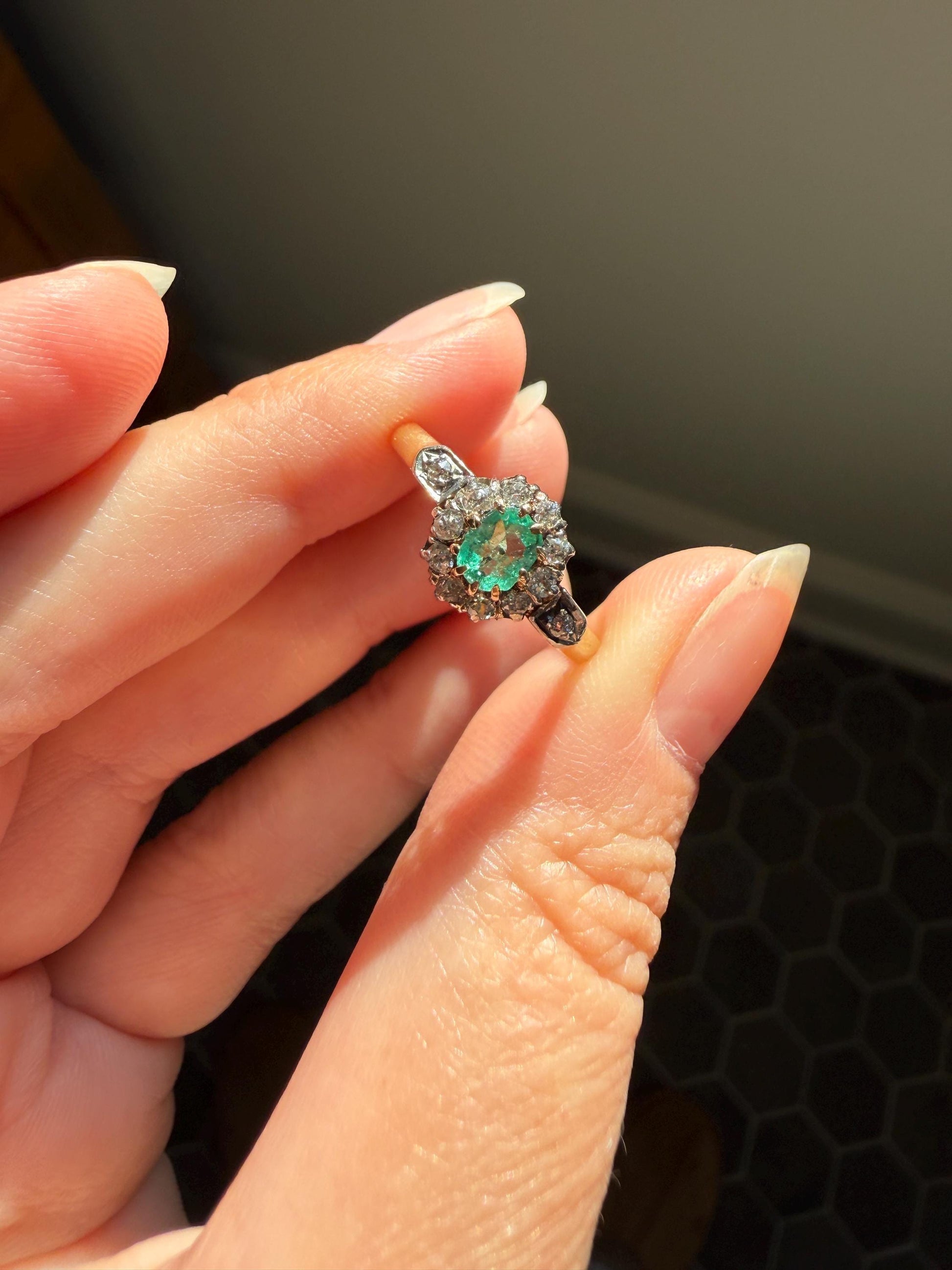 Emerald Old Mine Cut Diamond ANTIQUE Halo Ring 18k Gold Platinum Stacker