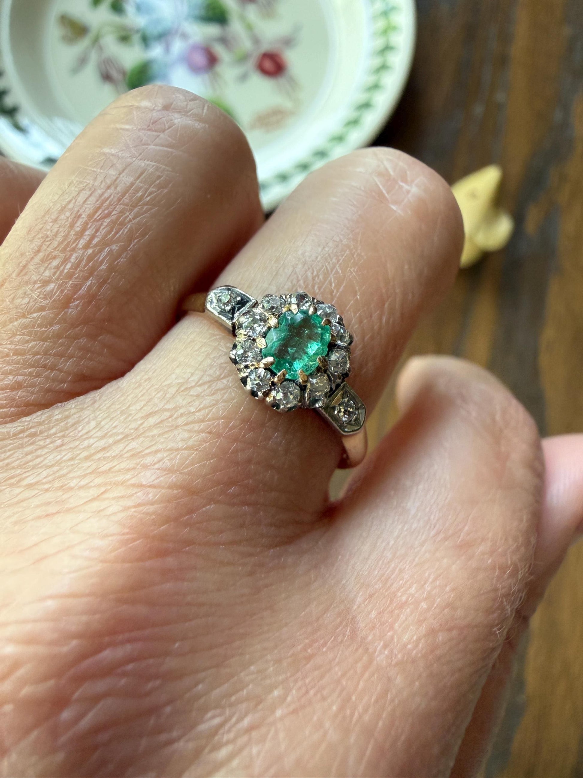 Emerald Old Mine Cut Diamond ANTIQUE Halo Ring 18k Gold Platinum Stacker
