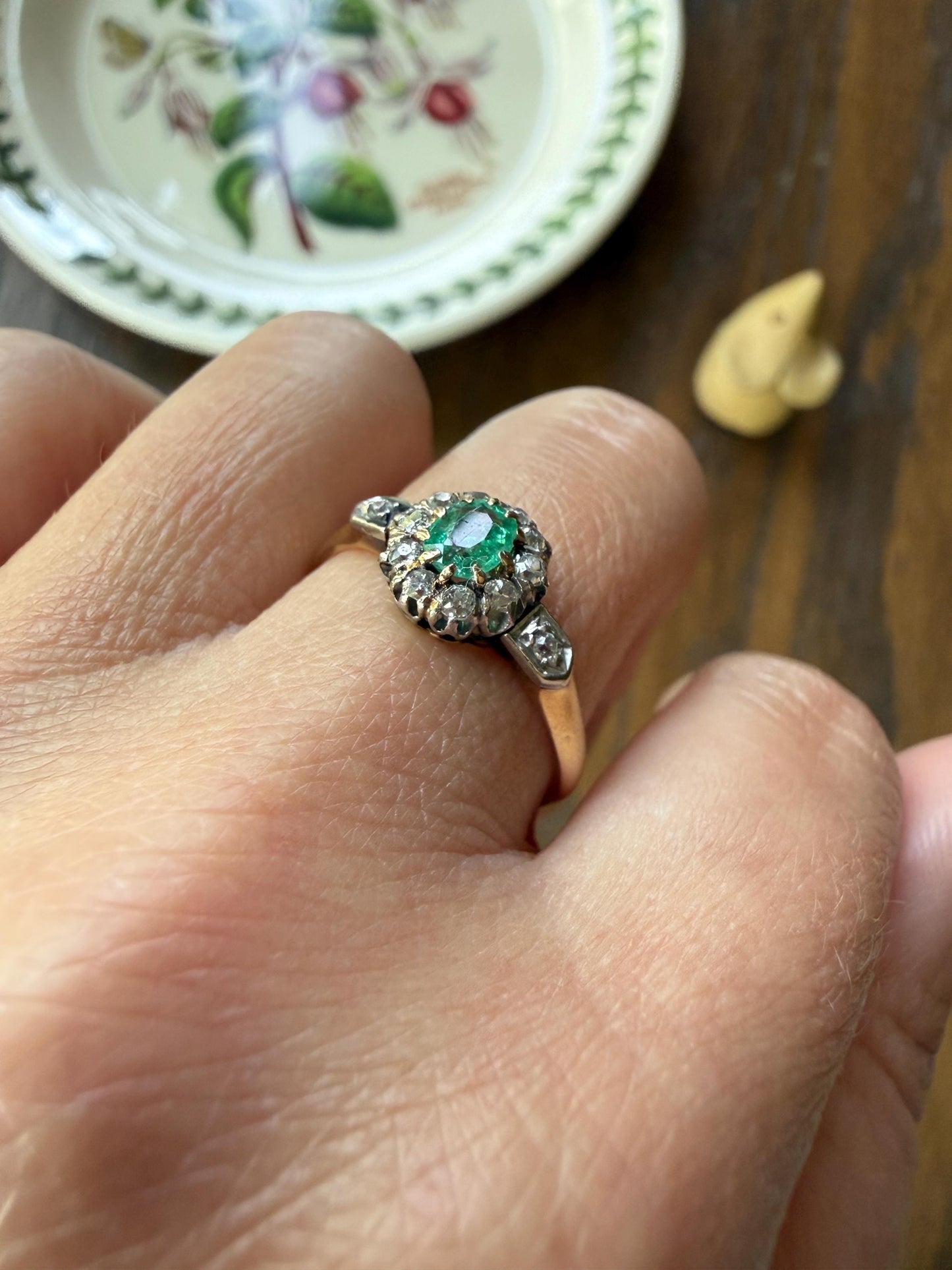 Emerald Old Mine Cut Diamond ANTIQUE Halo Ring 18k Gold Platinum Stacker