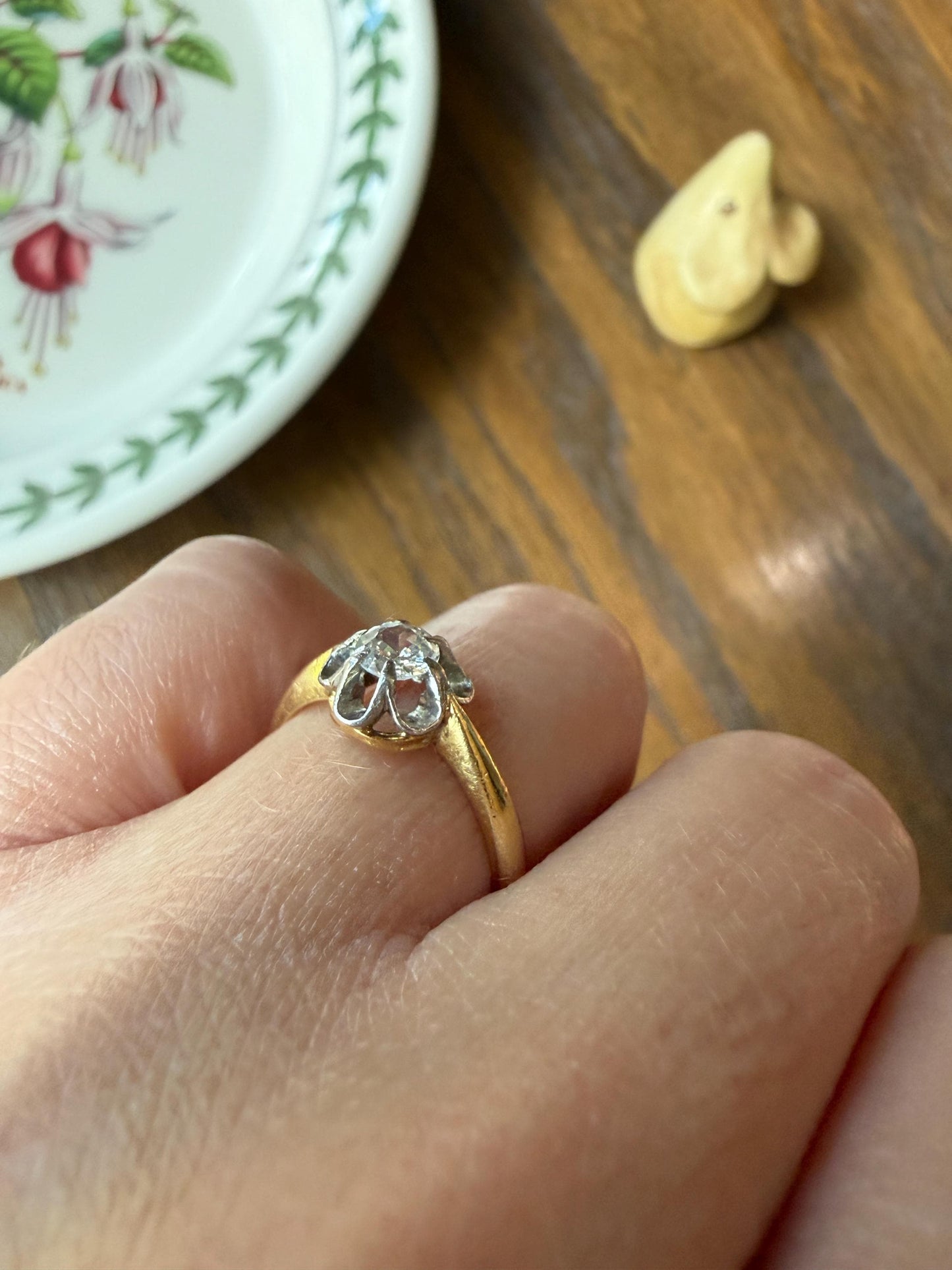 Antique Old Mine Cut Diamond Solitaire Ring French Victorian Period Hallmark 18k Gold Engagement Stacker Ruffled Halo