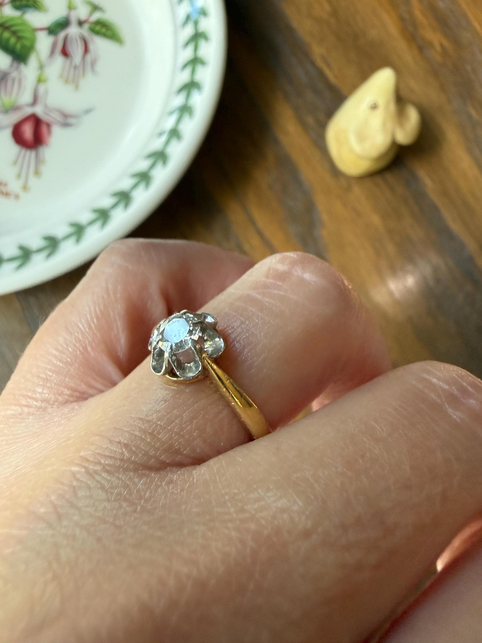 Antique Old Mine Cut Diamond Solitaire Ring French Victorian Period Hallmark 18k Gold Engagement Stacker Ruffled Halo