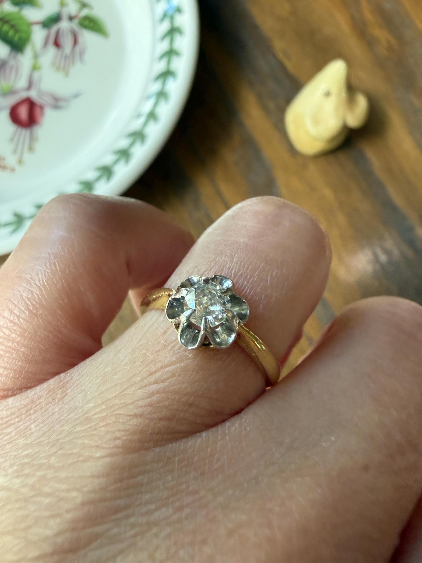 Antique Old Mine Cut Diamond Solitaire Ring French Victorian Period Hallmark 18k Gold Engagement Stacker Ruffled Halo