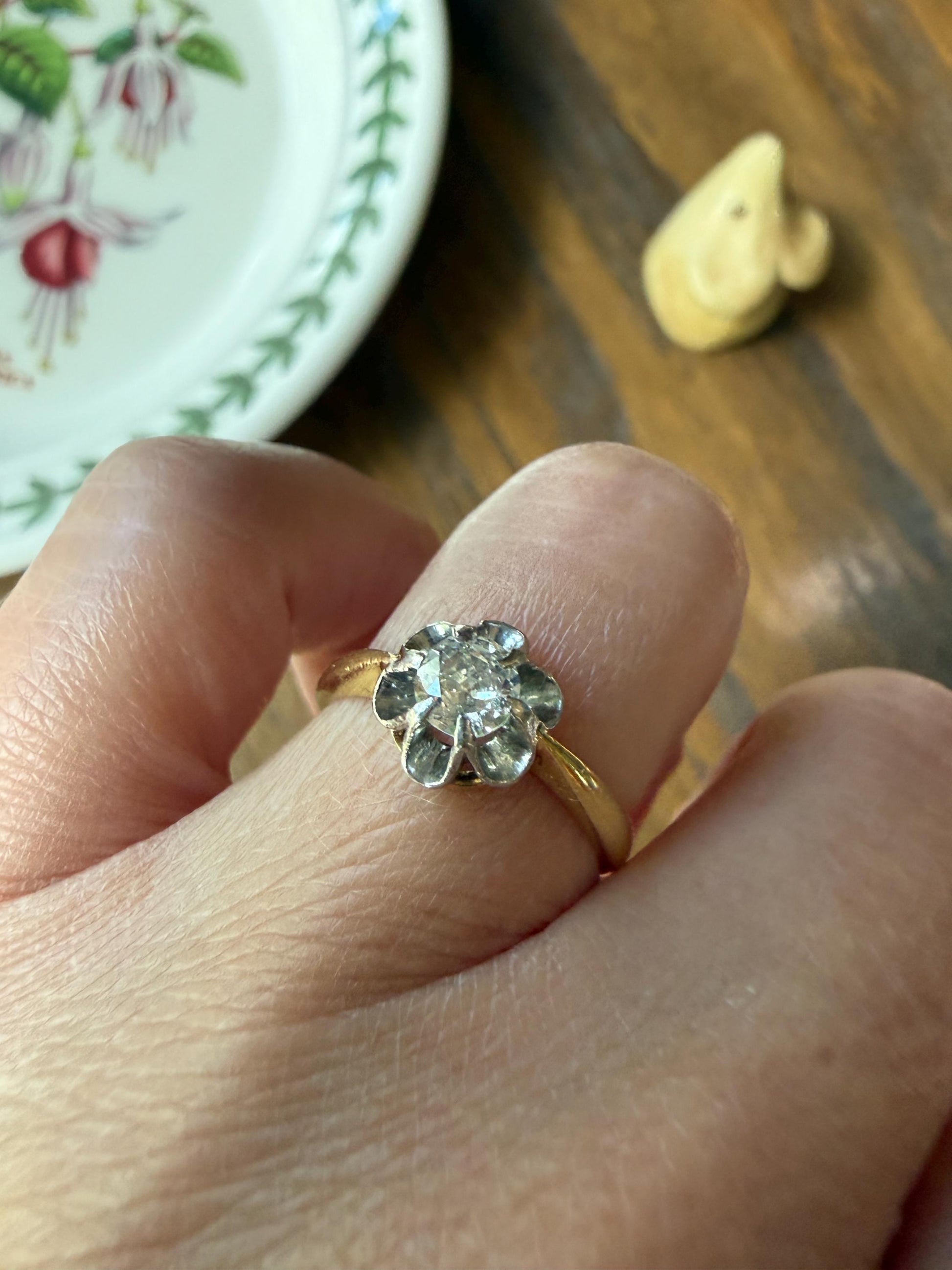 Antique Old Mine Cut Diamond Solitaire Ring French Victorian Period Hallmark 18k Gold Engagement Stacker Ruffled Halo