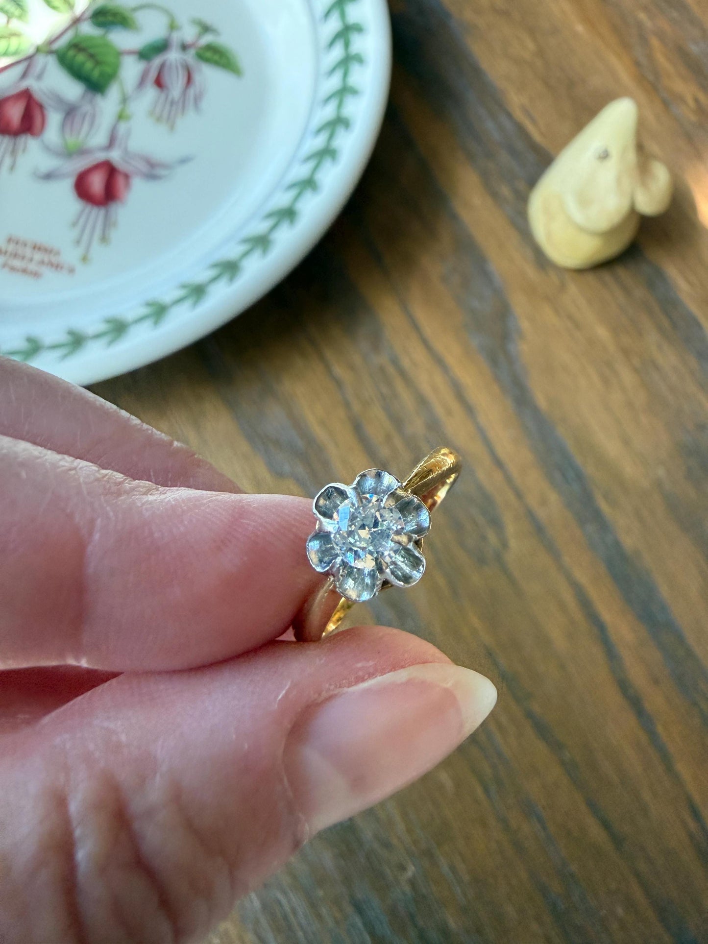 Antique Old Mine Cut Diamond Solitaire Ring French Victorian Period Hallmark 18k Gold Engagement Stacker Ruffled Halo