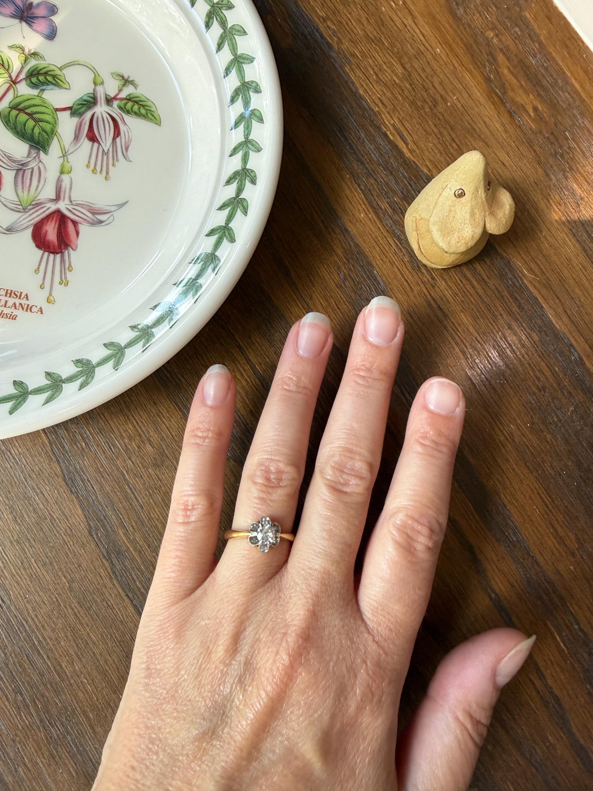 Antique Old Mine Cut Diamond Solitaire Ring French Victorian Period Hallmark 18k Gold Engagement Stacker Ruffled Halo