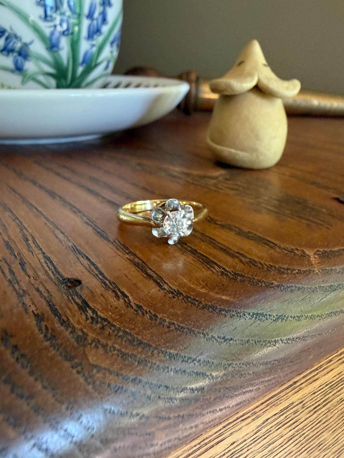 Antique Old Mine Cut Diamond Solitaire Ring French Victorian Period Hallmark 18k Gold Engagement Stacker Ruffled Halo