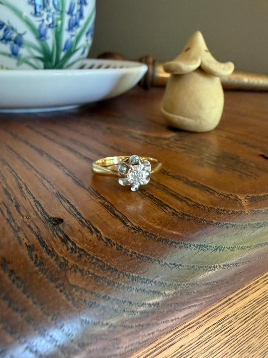 Antique Old Mine Cut Diamond Solitaire Ring French Victorian Period Hallmark 18k Gold Engagement Stacker Ruffled Halo