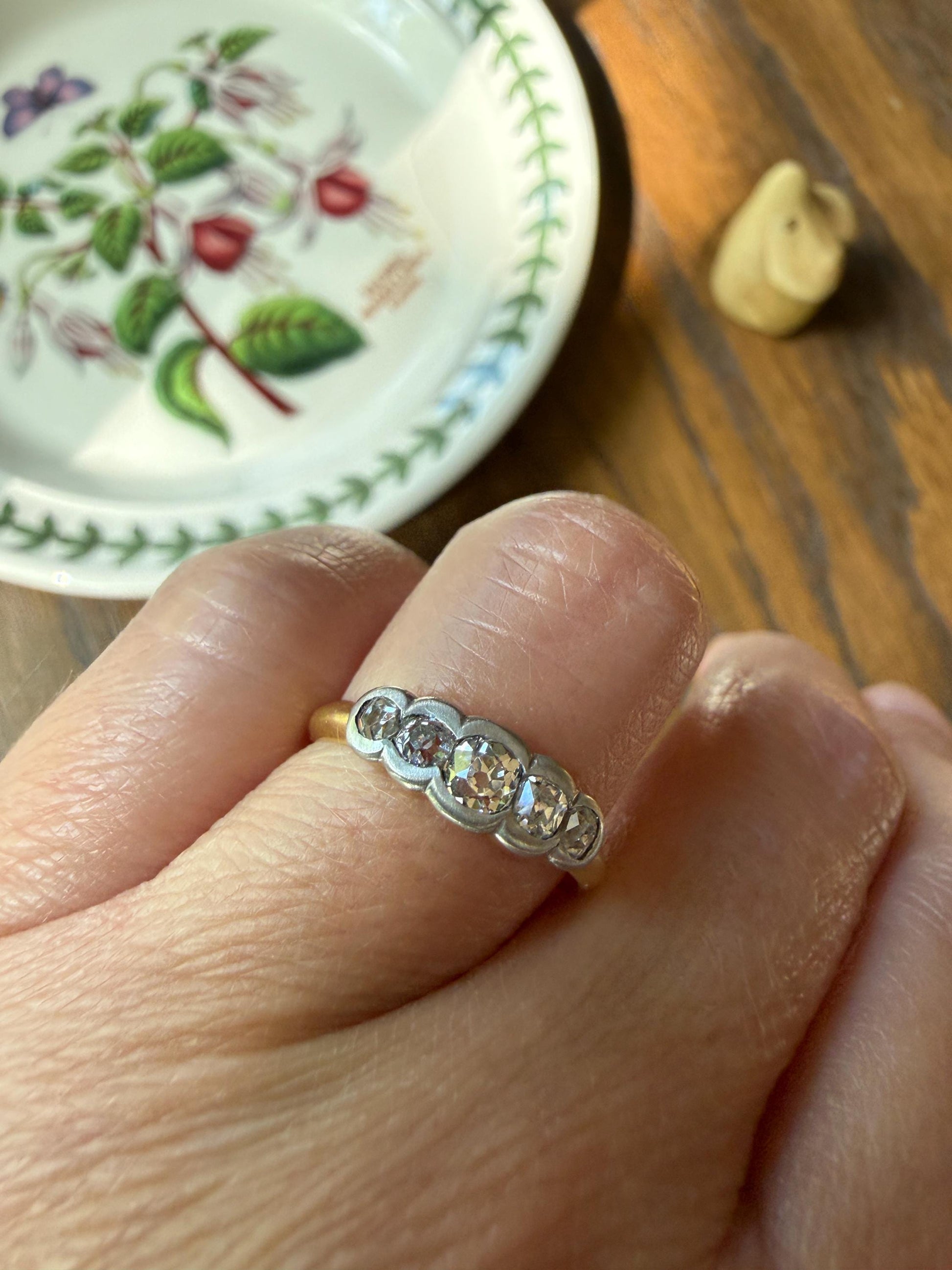 Antique Old Mine Cut DIAMOND Natural Five Stone Ring French 18k Gold Solid & Platinum Bezel Set Stacker Band Victorian Belle Epoque