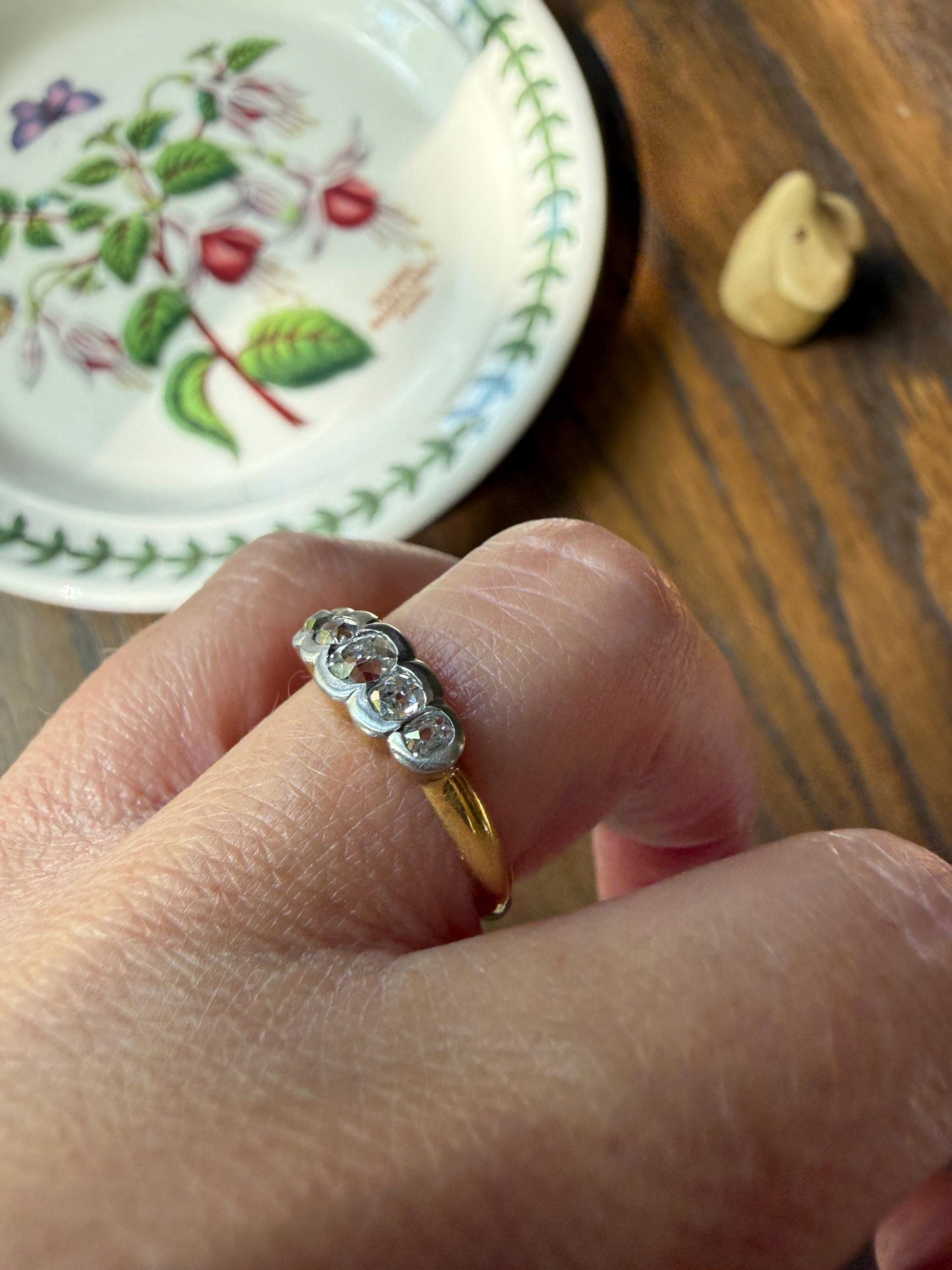 Antique Old Mine Cut DIAMOND Natural Five Stone Ring French 18k Gold Solid & Platinum Bezel Set Stacker Band Victorian Belle Epoque
