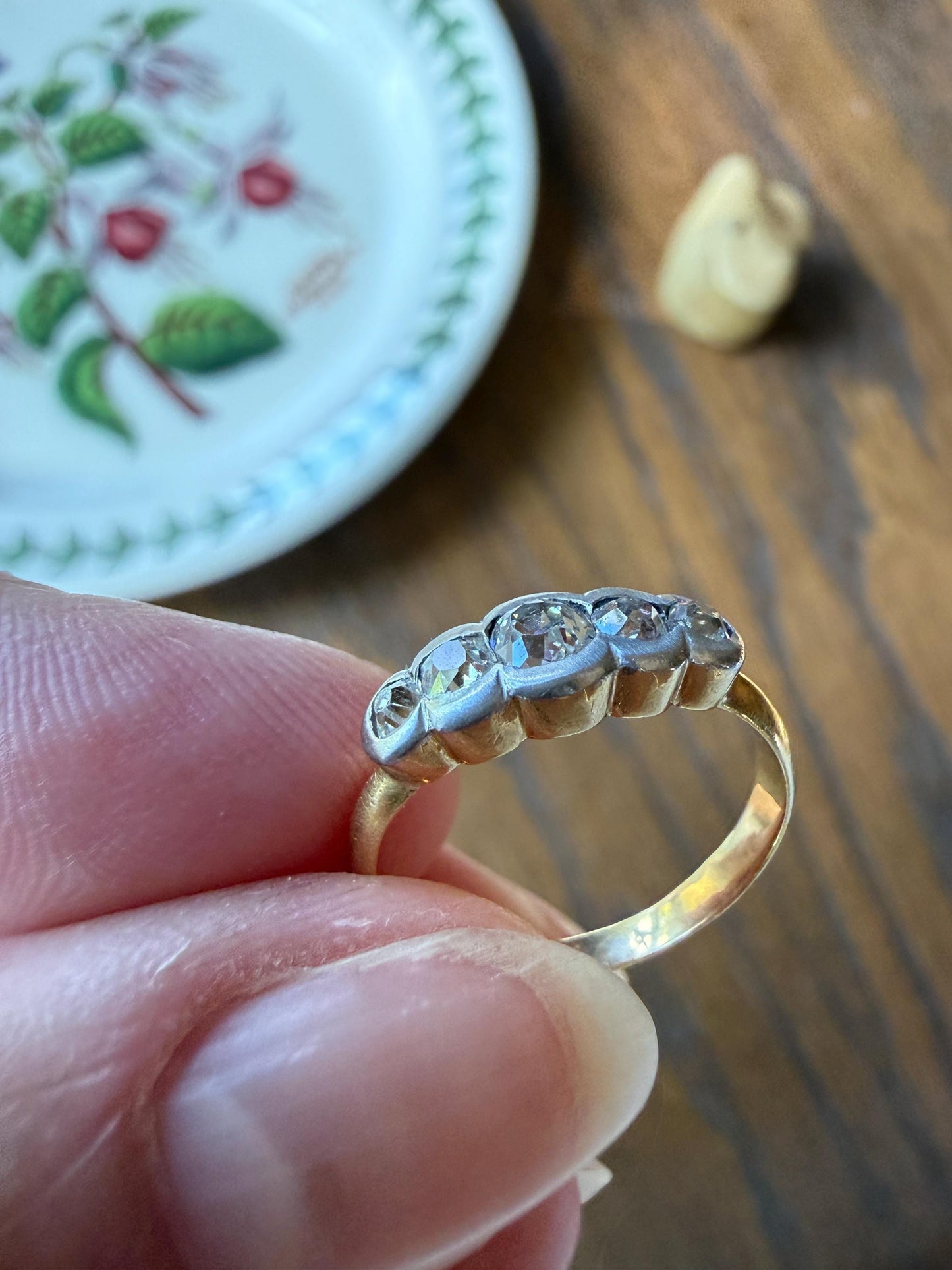 Antique Old Mine Cut DIAMOND Natural Five Stone Ring French 18k Gold Solid & Platinum Bezel Set Stacker Band Victorian Belle Epoque