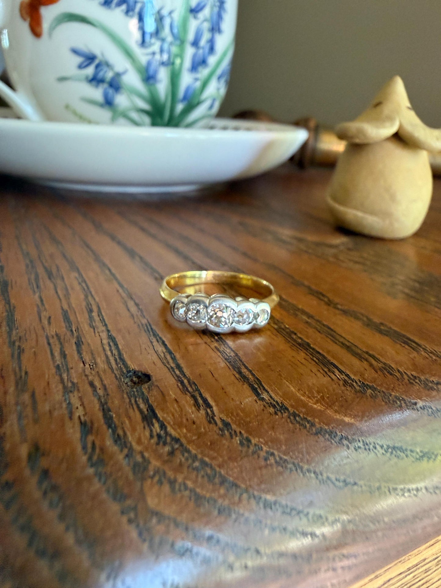 Antique Old Mine Cut DIAMOND Natural Five Stone Ring French 18k Gold Solid & Platinum Bezel Set Stacker Band Victorian Belle Epoque