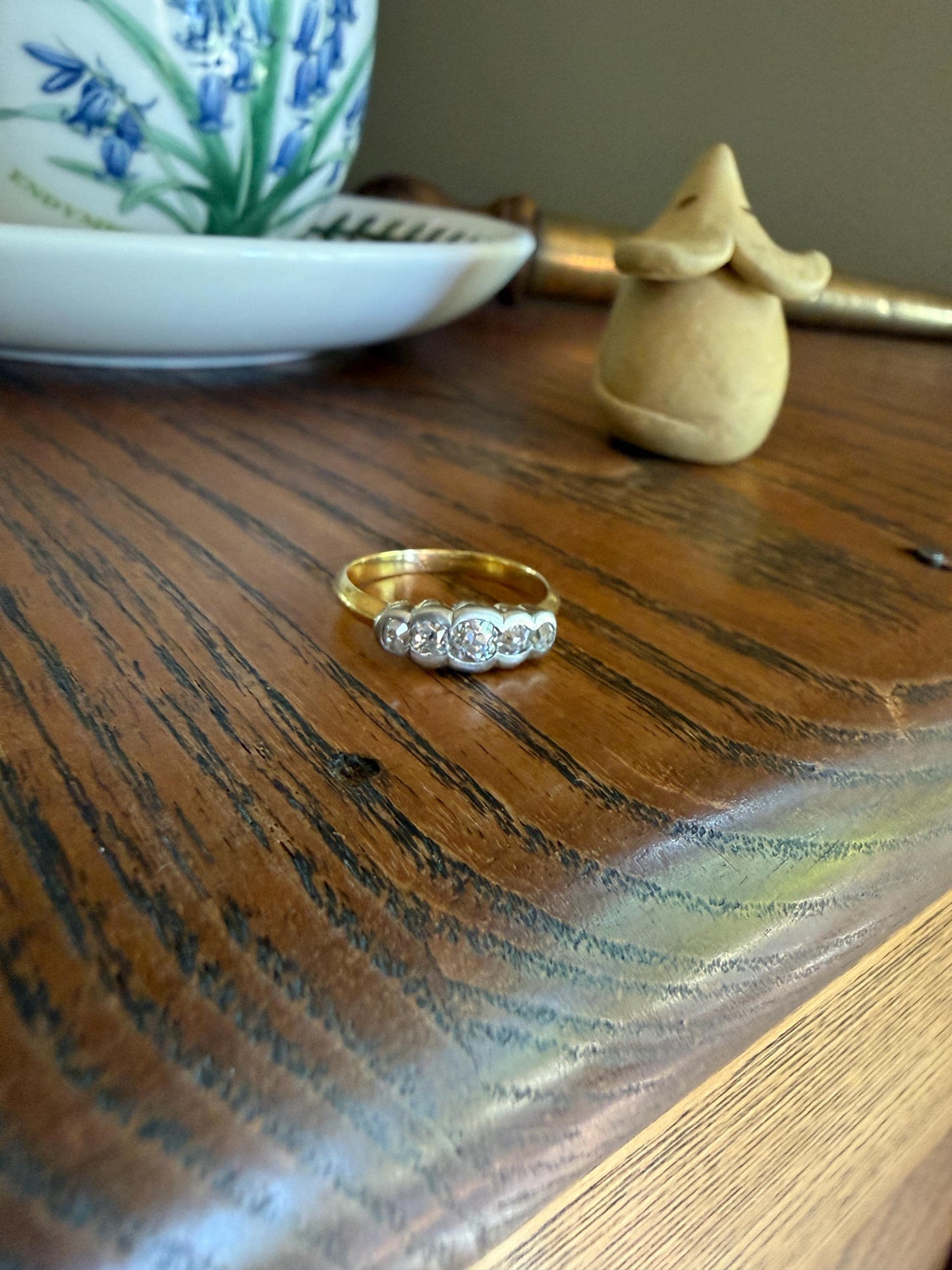 Antique Old Mine Cut DIAMOND Natural Five Stone Ring French 18k Gold Solid & Platinum Bezel Set Stacker Band Victorian Belle Epoque