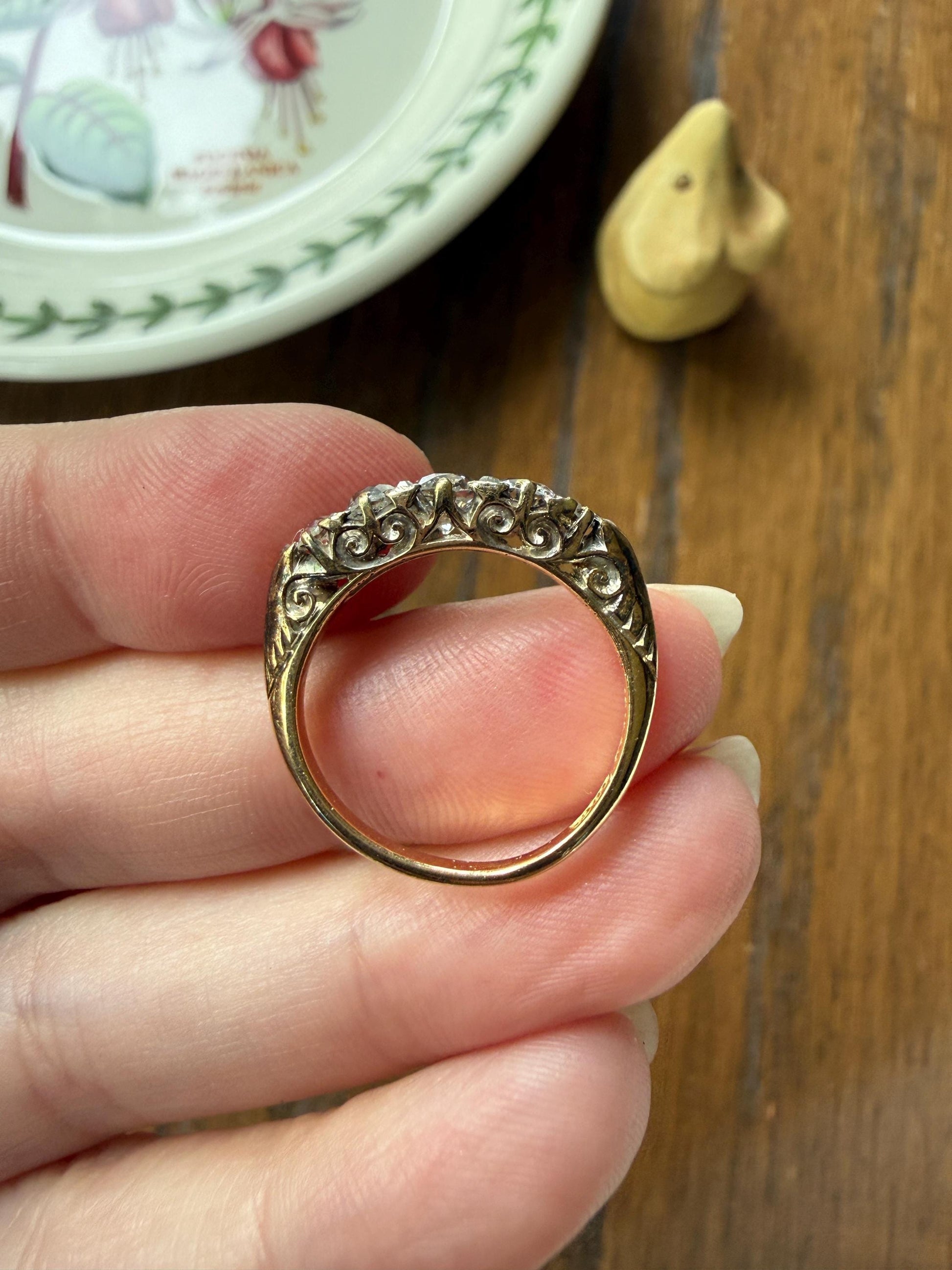Victorian 1.2 Carat Antique Old Mine Cut Diamond Five Stone Ring 18k Gold Chunky Scrolled Ornate Band Diamond Rose Spacers Gemset Prongs