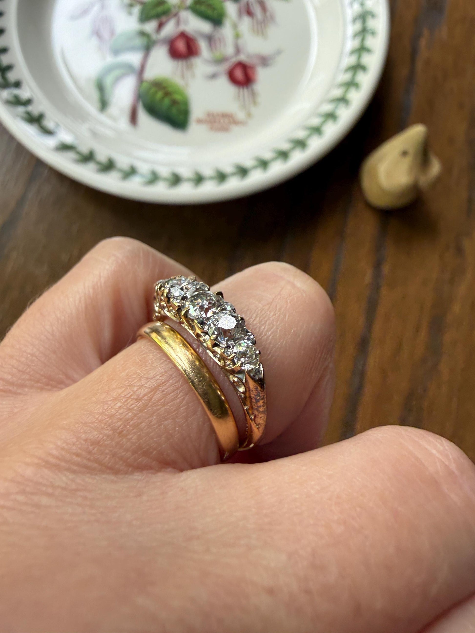Victorian 1.2 Carat Antique Old Mine Cut Diamond Five Stone Ring 18k Gold Chunky Scrolled Ornate Band Diamond Rose Spacers Gemset Prongs