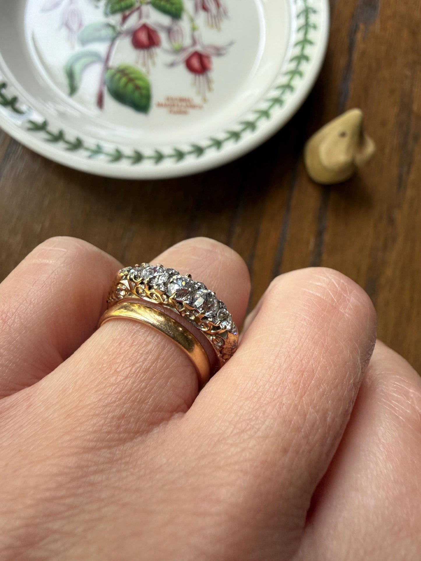 Victorian 1.2 Carat Antique Old Mine Cut Diamond Five Stone Ring 18k Gold Chunky Scrolled Ornate Band Diamond Rose Spacers Gemset Prongs