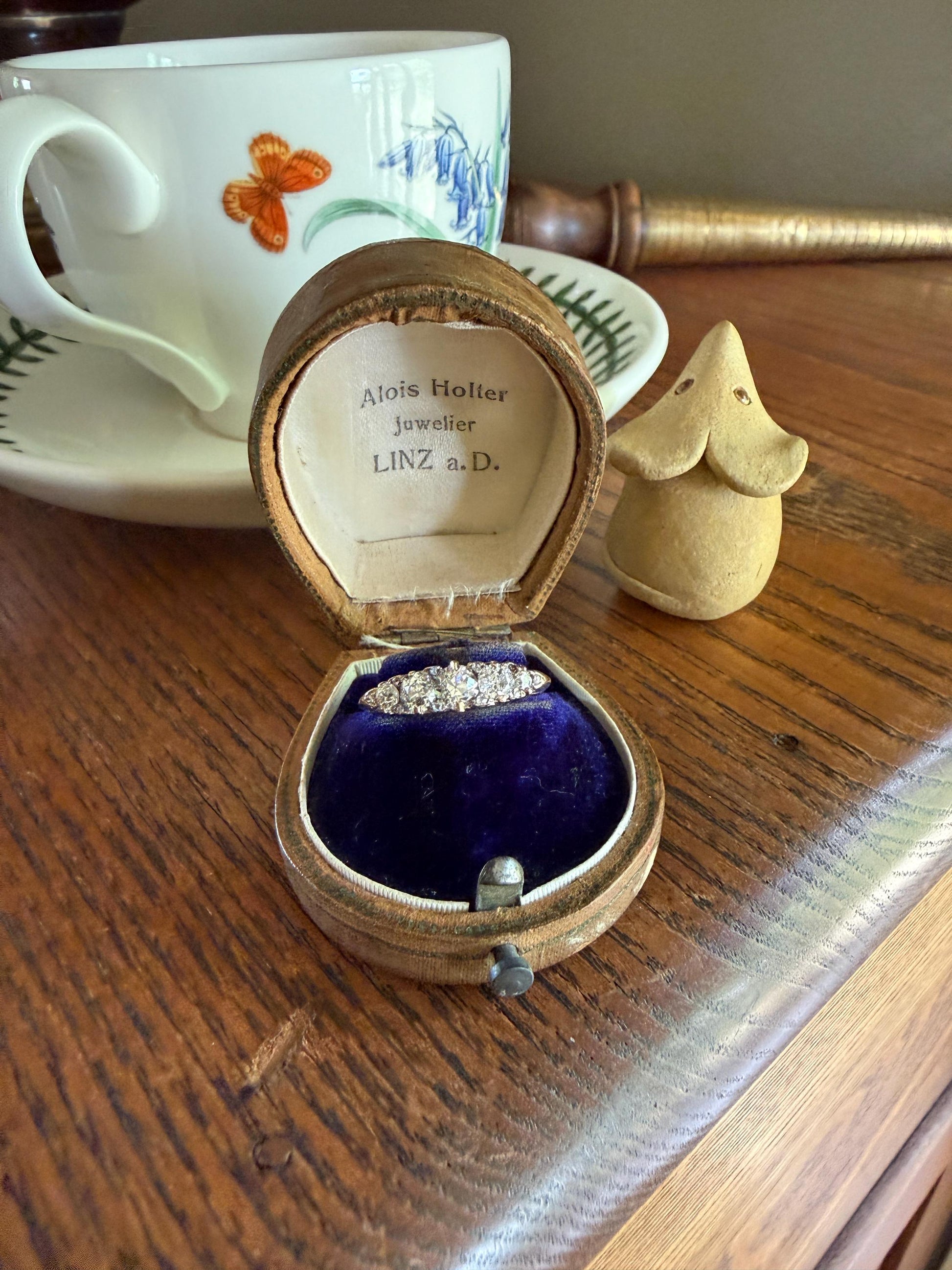Victorian 1.2 Carat Antique Old Mine Cut Diamond Five Stone Ring 18k Gold Chunky Scrolled Ornate Band Diamond Rose Spacers Gemset Prongs