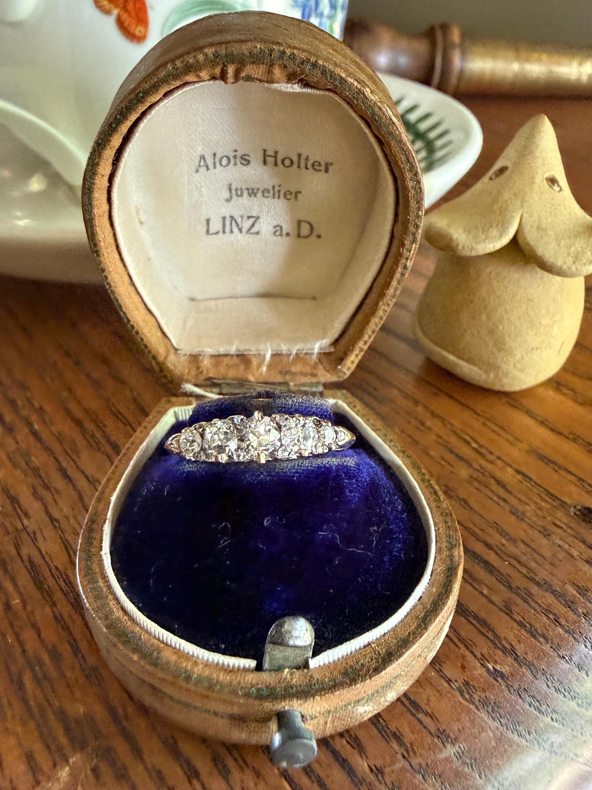 Victorian 1.2 Carat Antique Old Mine Cut Diamond Five Stone Ring 18k Gold Chunky Scrolled Ornate Band Diamond Rose Spacers Gemset Prongs
