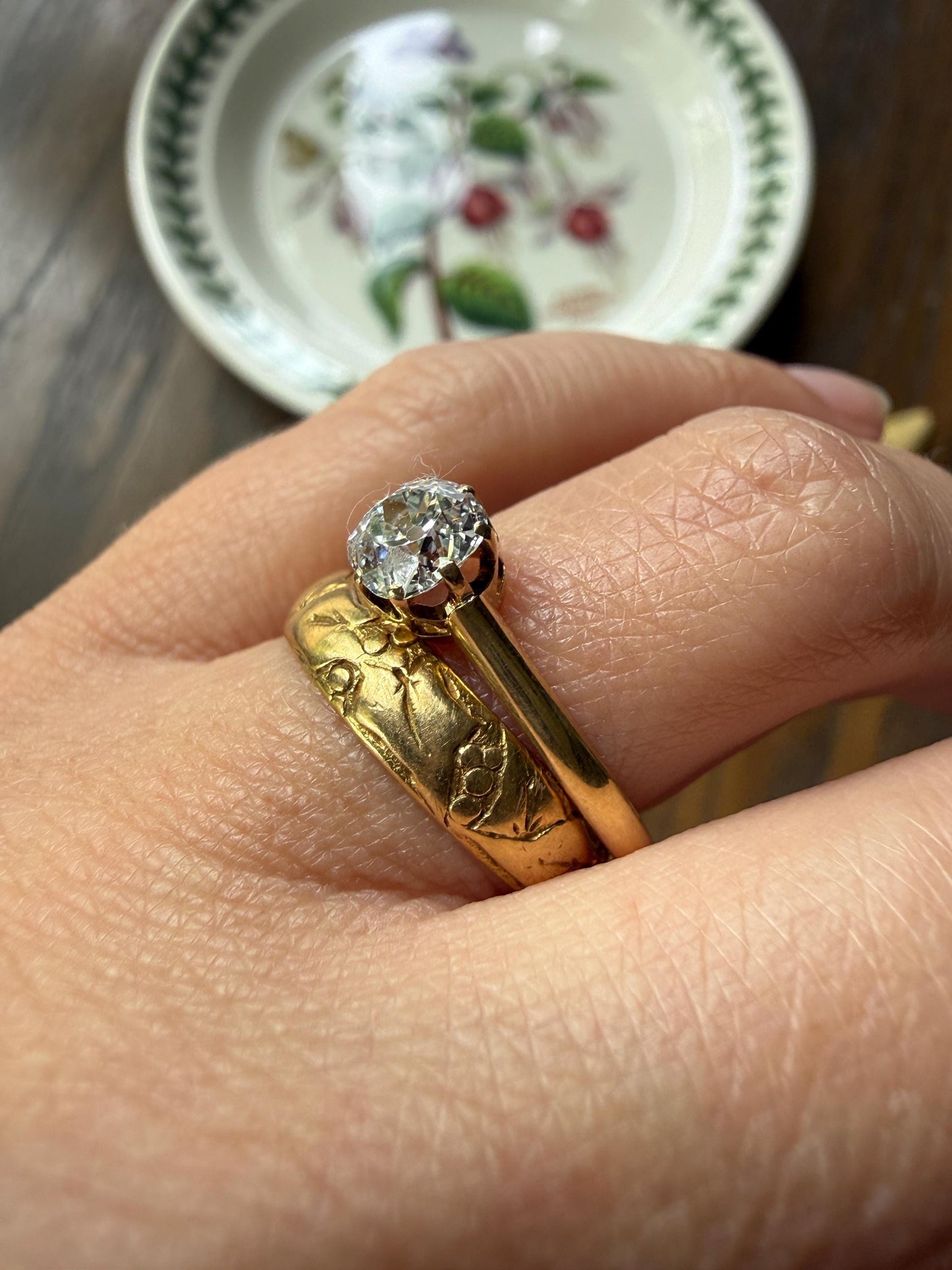 Antique c1916 Natural .78 Carat Old Mine Cut Diamond Solitaire 18k Gold Edwardian Engagement Ring Stacker