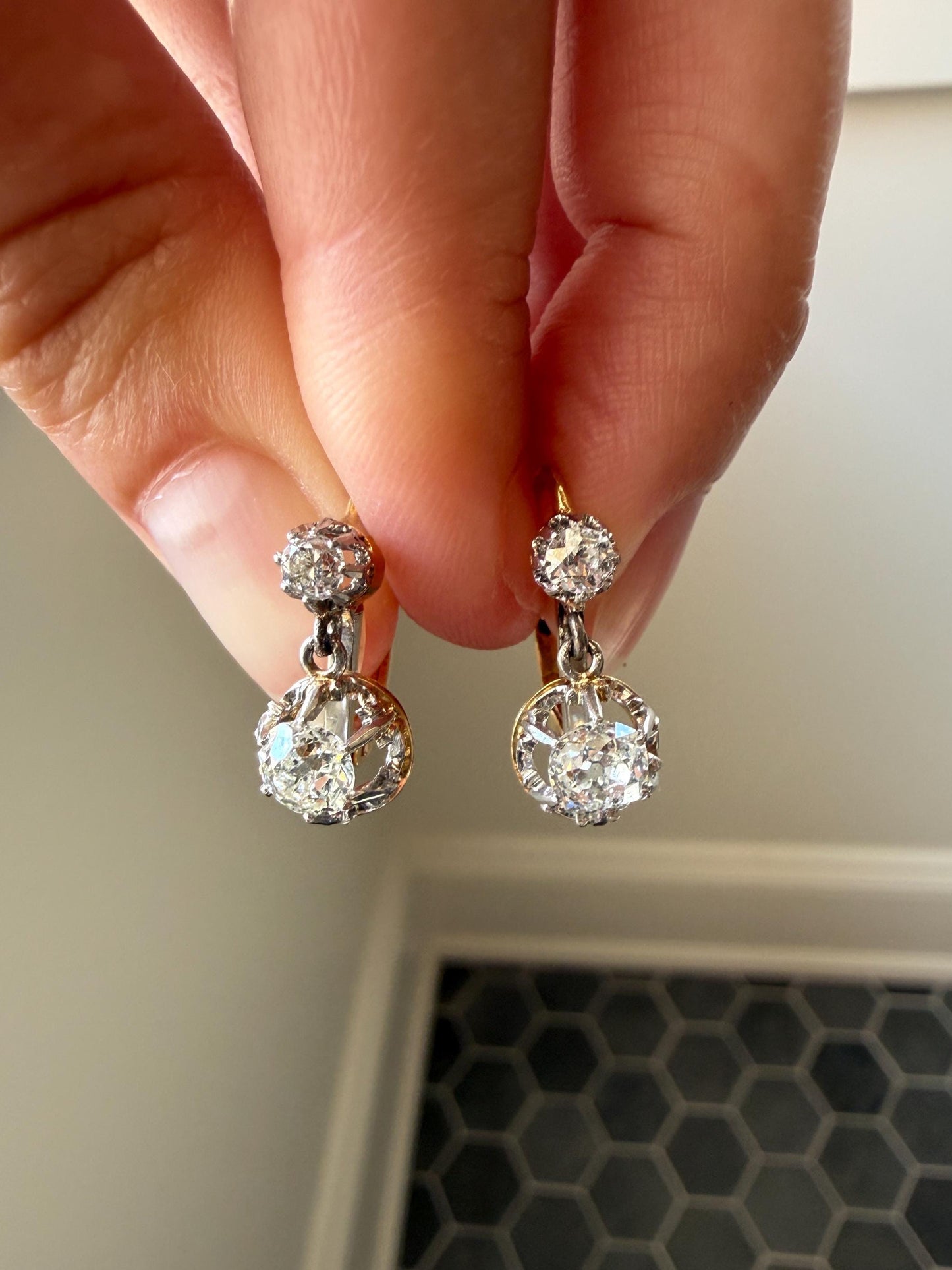 FRENCH Antique Boxed 1.4 Carat Tdw Old Mine Cut DIAMOND Natural Fleur de Lis Crown Earrings 18k Gold Platinum Victorian Dangle Dormeuse