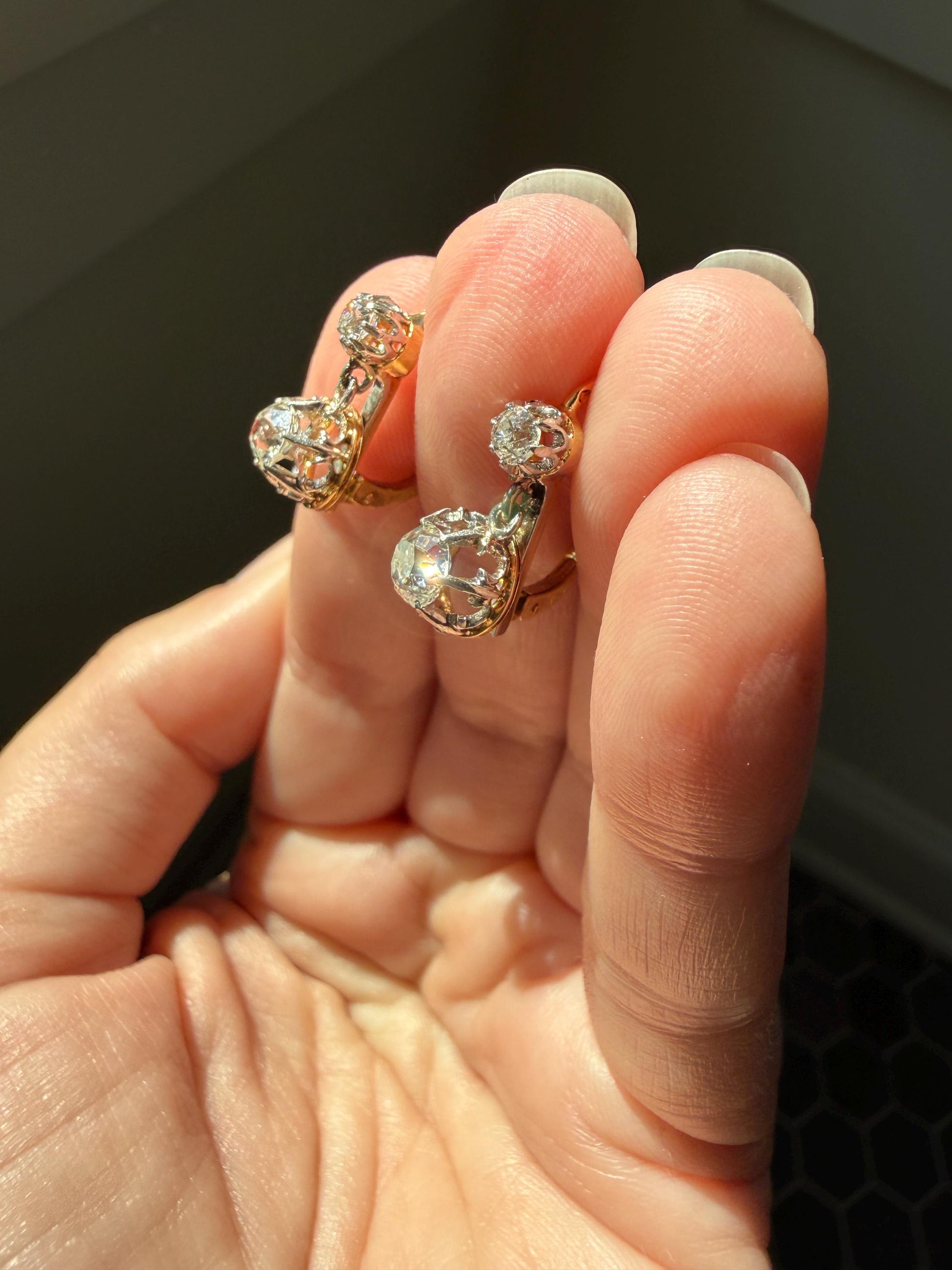 FRENCH Antique Boxed 1.4 Carat Tdw Old Mine Cut DIAMOND Natural Fleur de Lis Crown Earrings 18k Gold Platinum Victorian Dangle Dormeuse