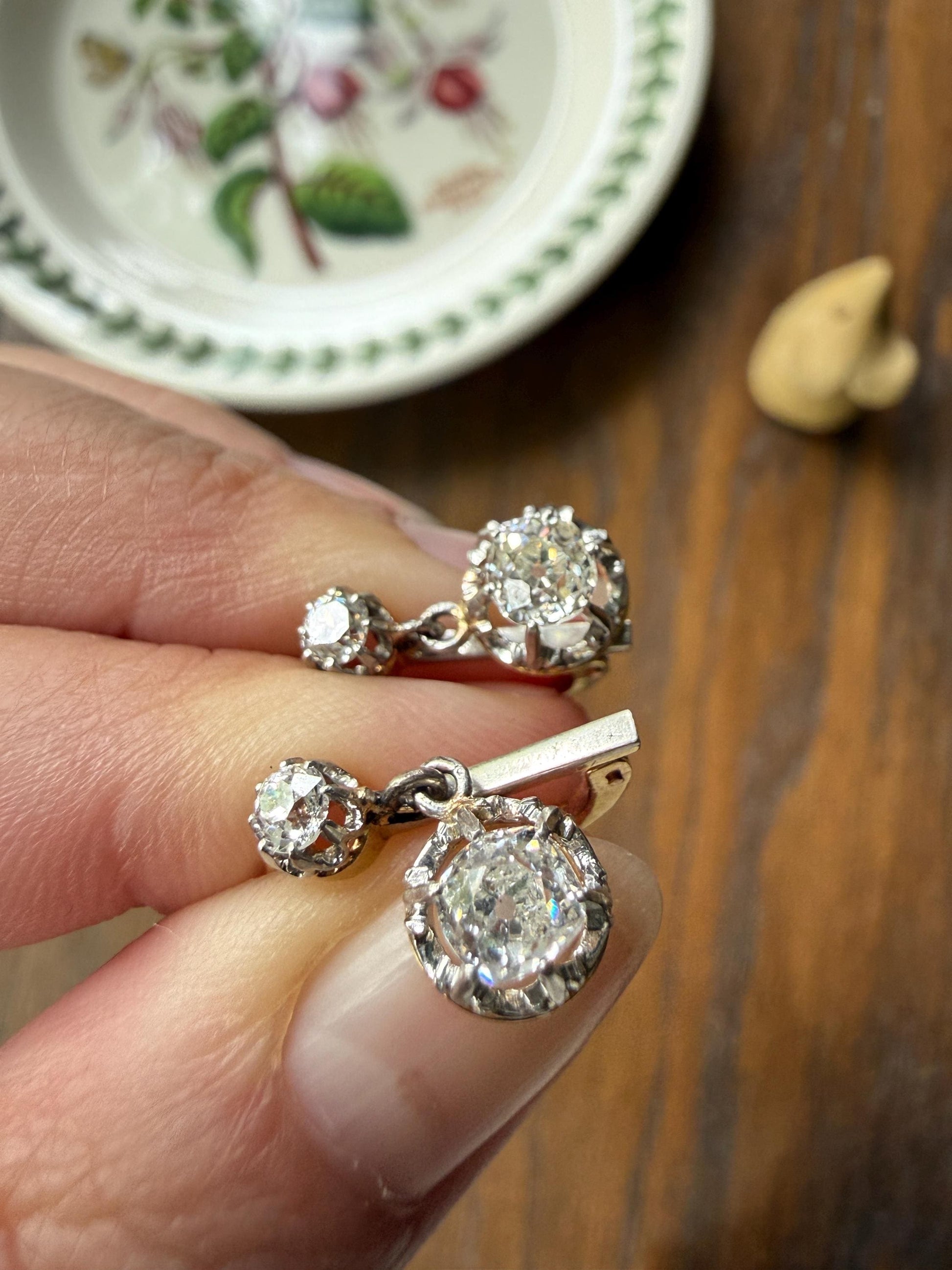 FRENCH Antique Boxed 1.4 Carat Tdw Old Mine Cut DIAMOND Natural Fleur de Lis Crown Earrings 18k Gold Platinum Victorian Dangle Dormeuse