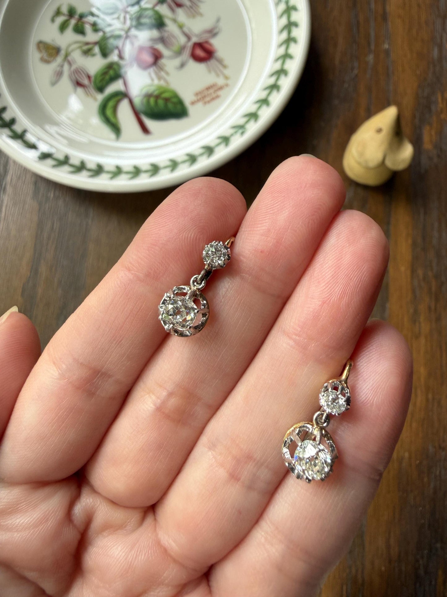 FRENCH Antique Boxed 1.4 Carat Tdw Old Mine Cut DIAMOND Natural Fleur de Lis Crown Earrings 18k Gold Platinum Victorian Dangle Dormeuse