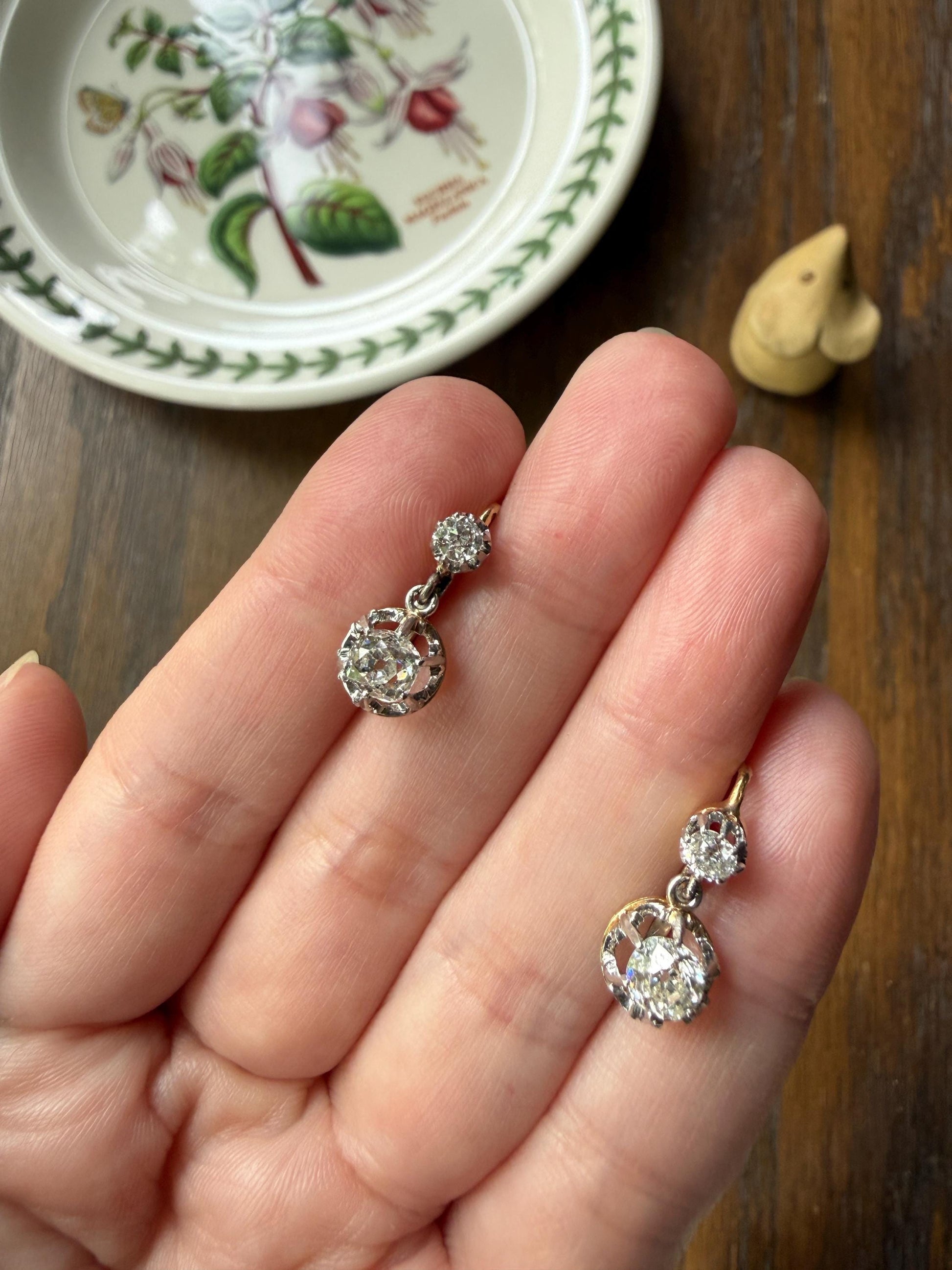FRENCH Antique Boxed 1.4 Carat Tdw Old Mine Cut DIAMOND Natural Fleur de Lis Crown Earrings 18k Gold Platinum Victorian Dangle Dormeuse