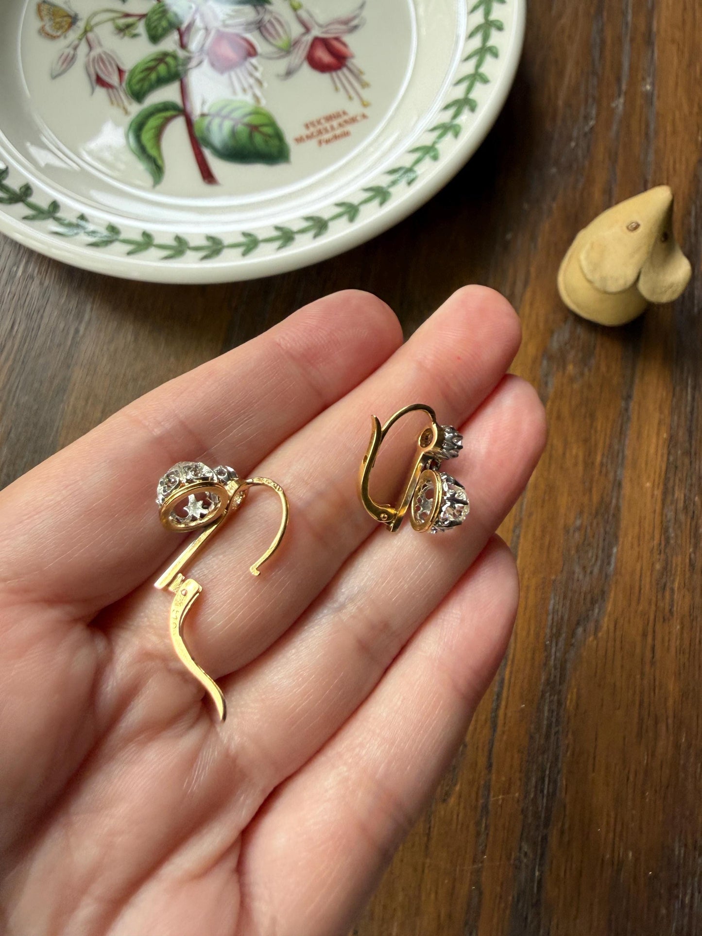 FRENCH Antique Boxed 1.4 Carat Tdw Old Mine Cut DIAMOND Natural Fleur de Lis Crown Earrings 18k Gold Platinum Victorian Dangle Dormeuse