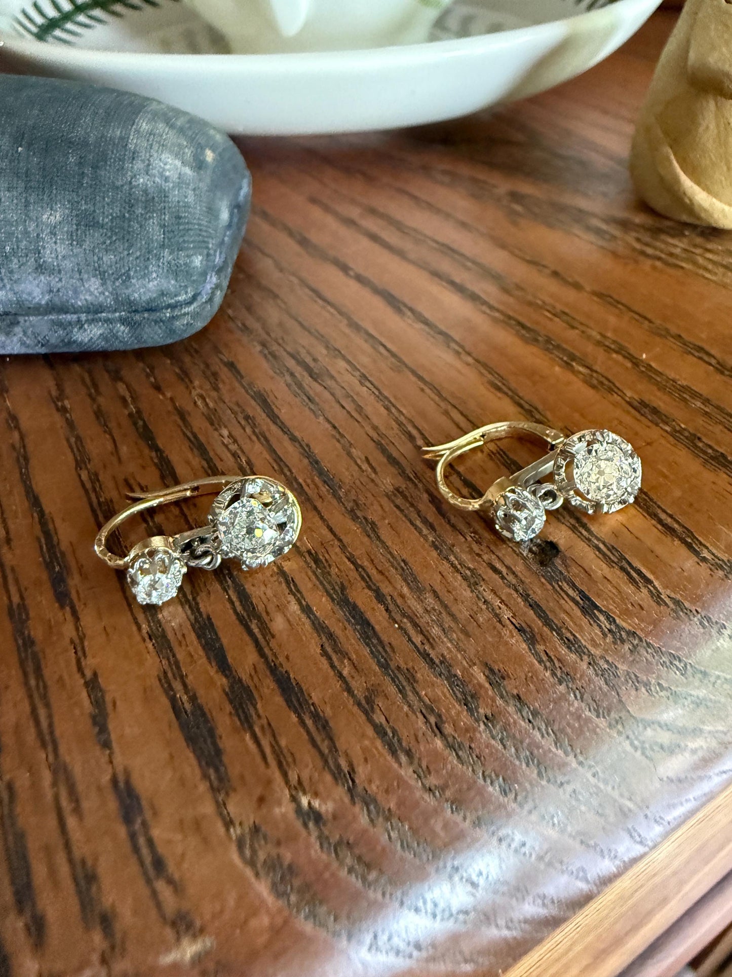 FRENCH Antique Boxed 1.4 Carat Tdw Old Mine Cut DIAMOND Natural Fleur de Lis Crown Earrings 18k Gold Platinum Victorian Dangle Dormeuse