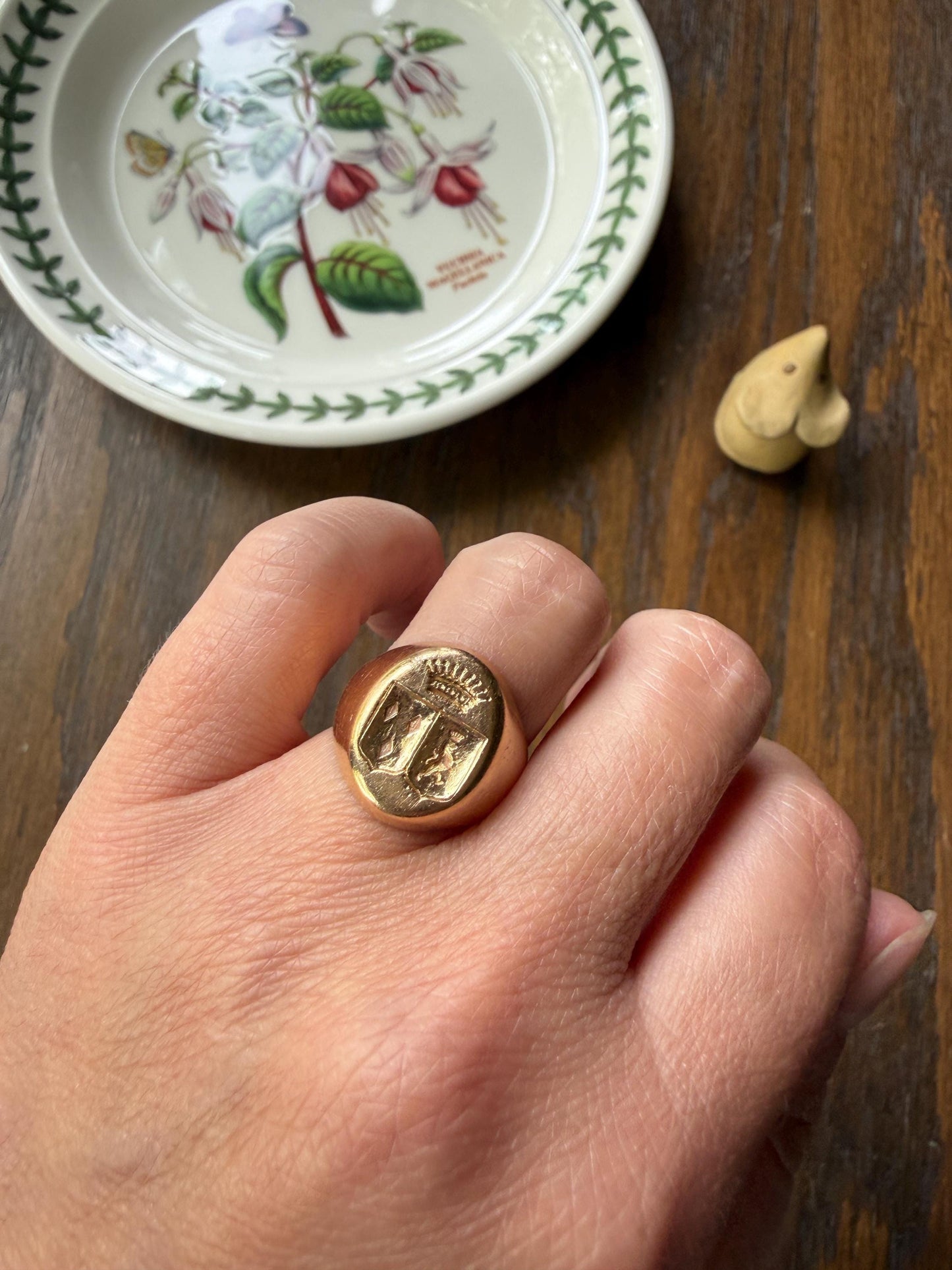 HEAVY 13g 18k Gold Count's CROWN French Nobility Antique SIGNET Ring Diamonds on Shield Lion Rampant Crest Chunky Band Coat of Arms Unisex