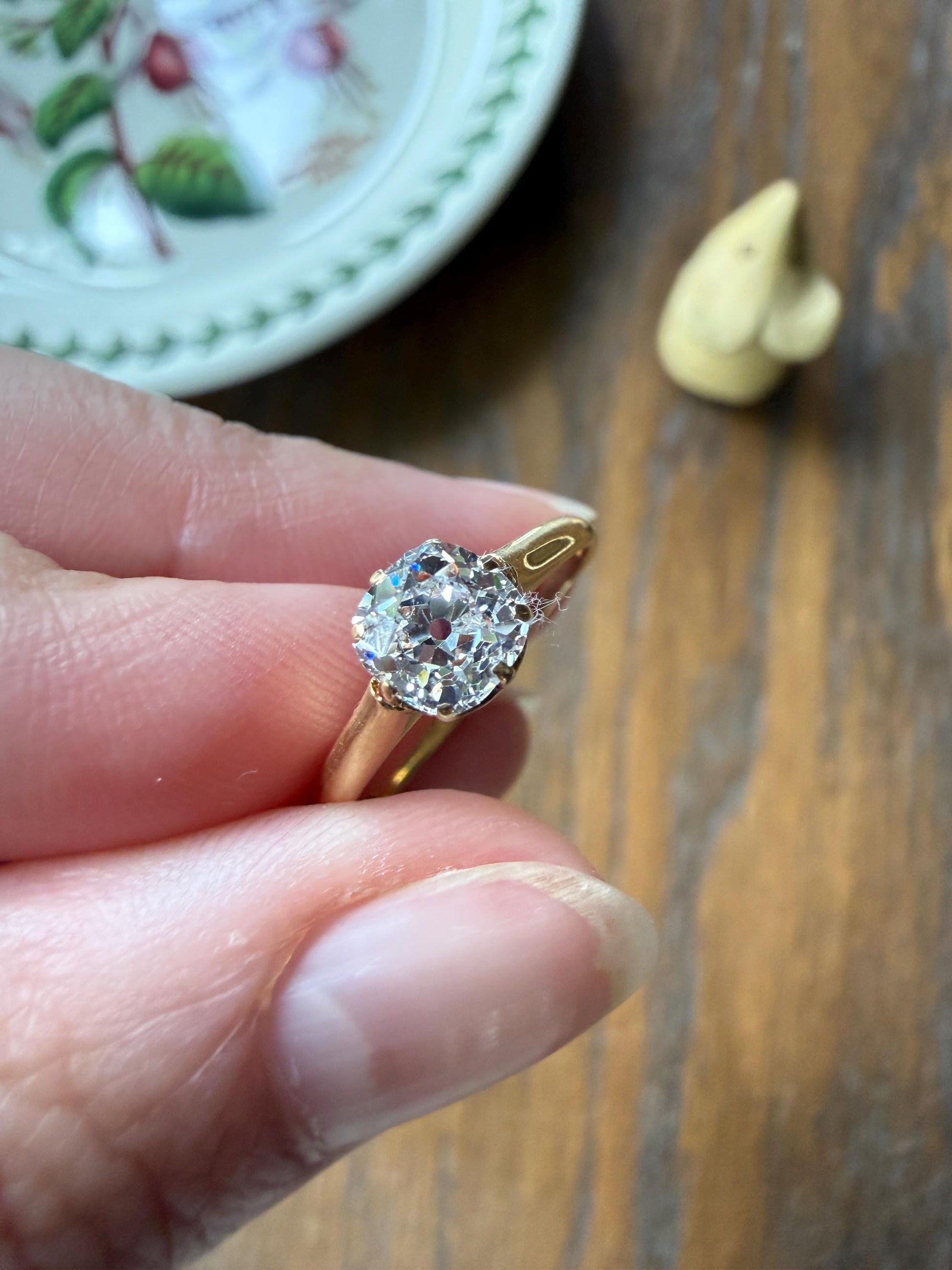 Antique c1916 Natural .78 Carat Old Mine Cut Diamond Solitaire 18k Gold Edwardian Engagement Ring Stacker