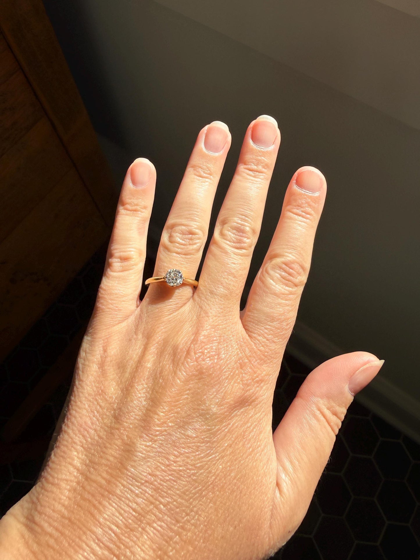 Antique c1916 Natural .78 Carat Old Mine Cut Diamond Solitaire 18k Gold Edwardian Engagement Ring Stacker