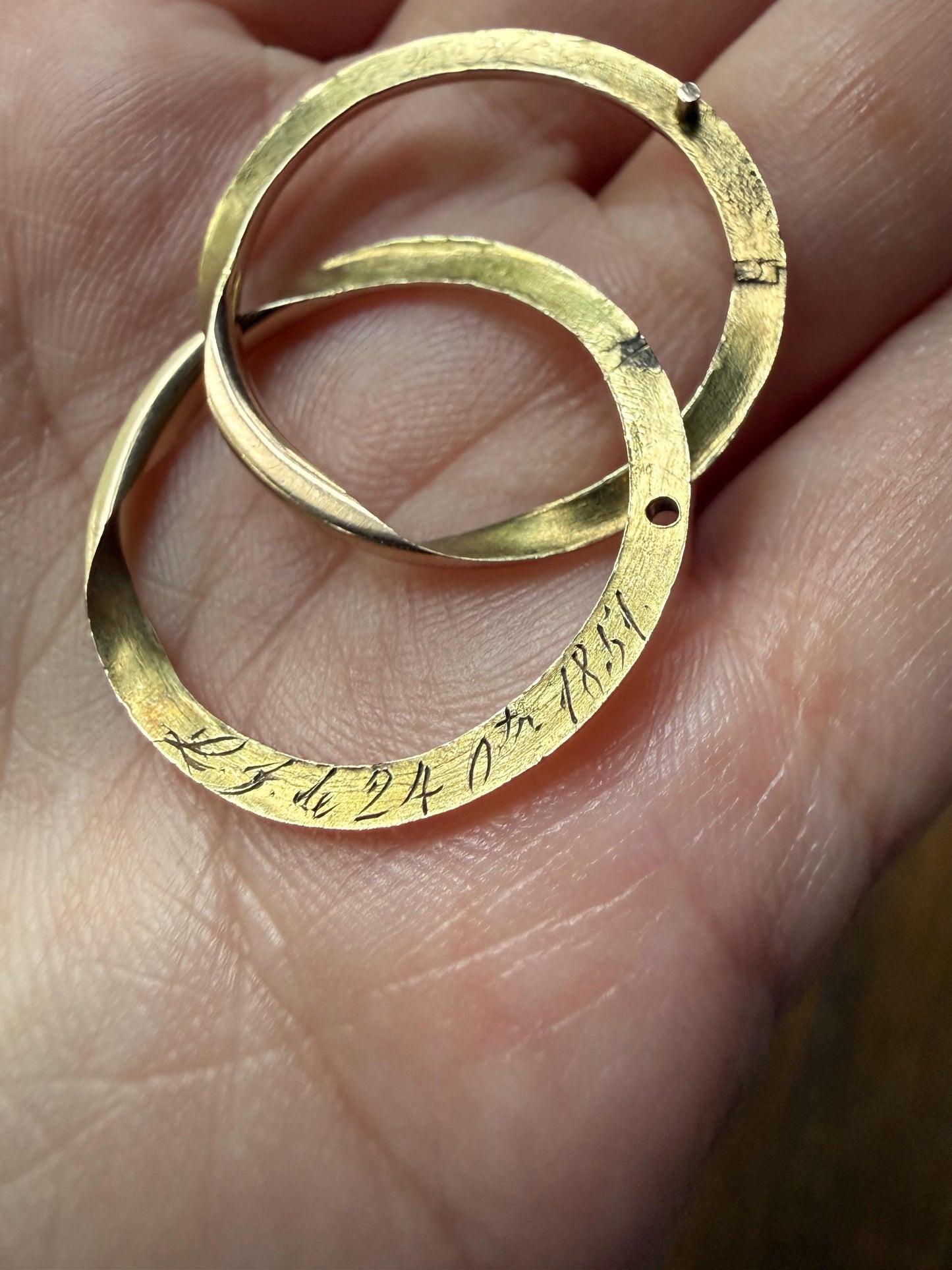 DATED 1851 Early VICTORIAN French Antique 18k Gold GIMMEL Large Unisex Wedding Band Skinny Puzzle RiNG Donut Stacker Comfort Fit Georgian