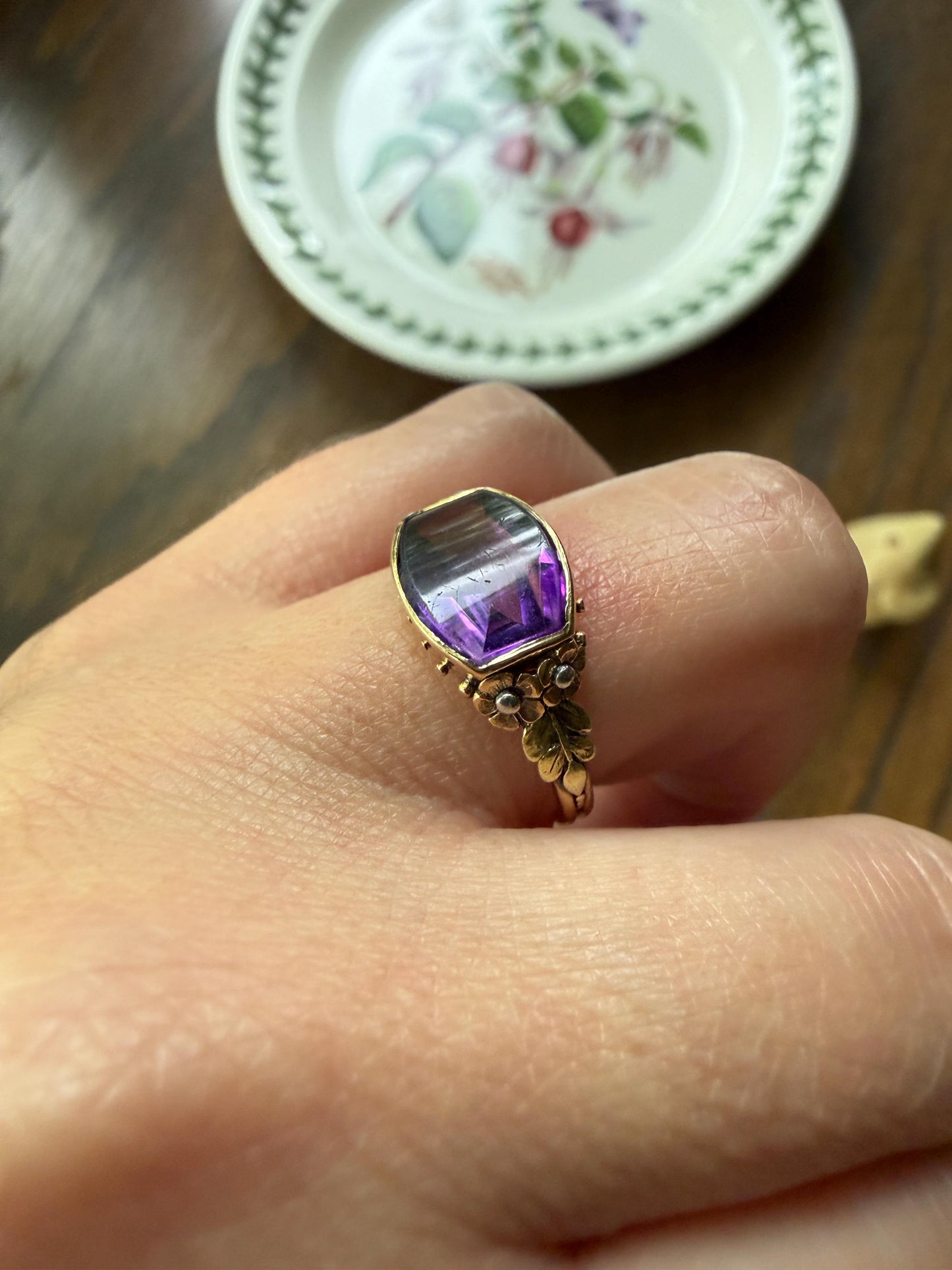 FLORAL Antique AMETHYST Buff Top Purple 18k Tricolor Gold Rose Green French Figural Bead Rivet Forget Me Not Flowers