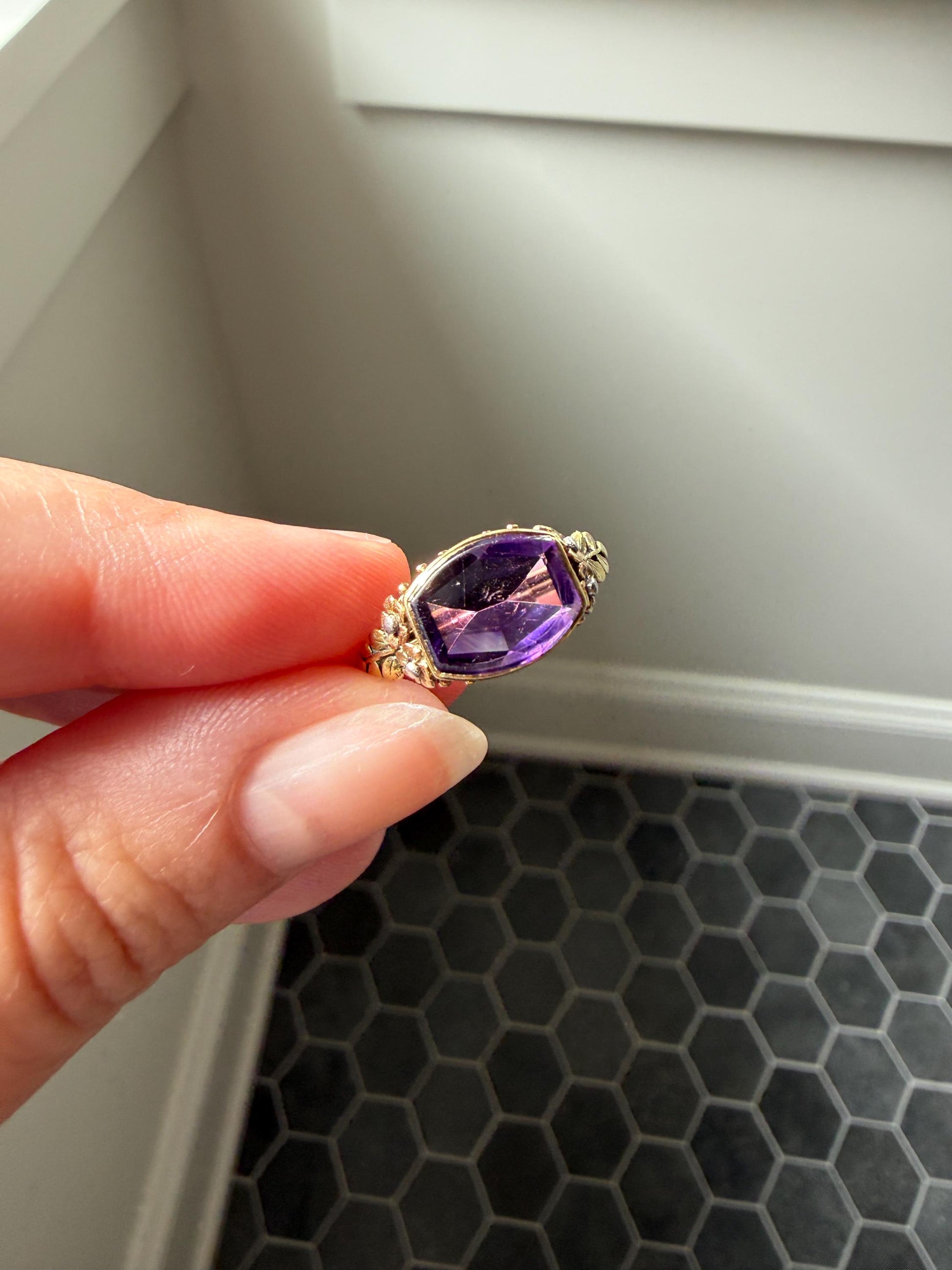 FLORAL Antique AMETHYST Buff Top Purple 18k Tricolor Gold Rose Green French Figural Bead Rivet Forget Me Not Flowers