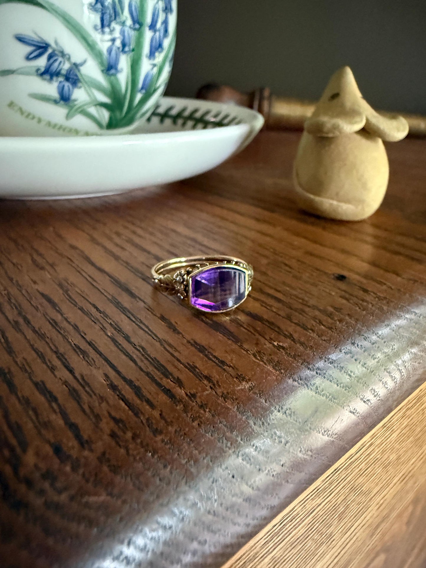 FLORAL Antique AMETHYST Buff Top Purple 18k Tricolor Gold Rose Green French Figural Bead Rivet Forget Me Not Flowers