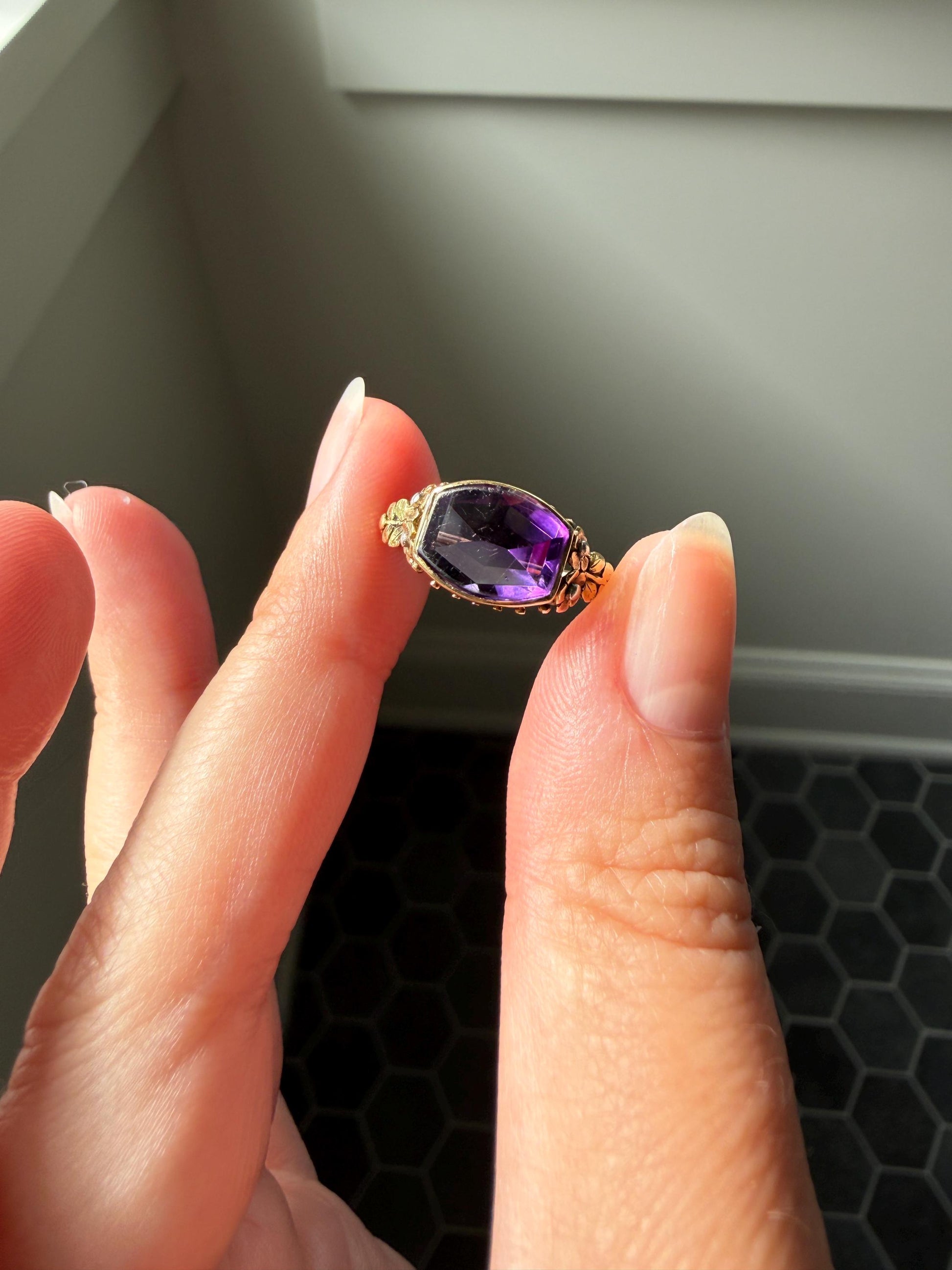 FLORAL Antique AMETHYST Buff Top Purple 18k Tricolor Gold Rose Green French Figural Bead Rivet Forget Me Not Flowers
