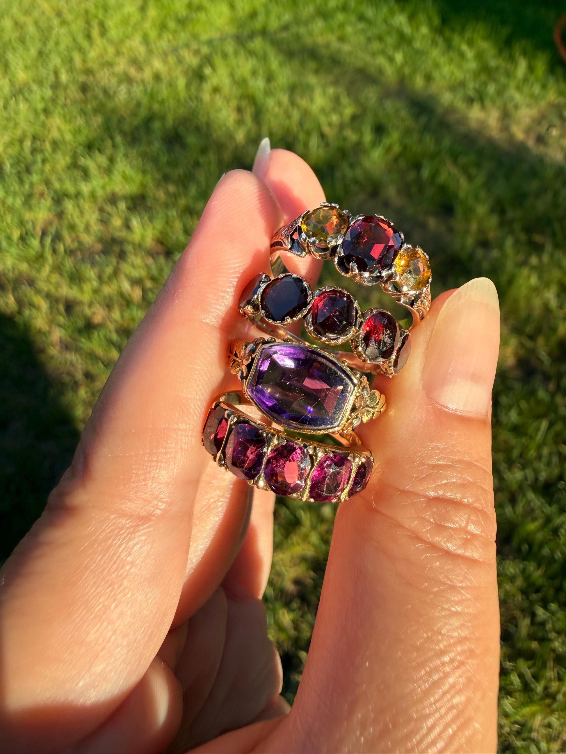 FLORAL Antique AMETHYST Buff Top Purple 18k Tricolor Gold Rose Green French Figural Bead Rivet Forget Me Not Flowers