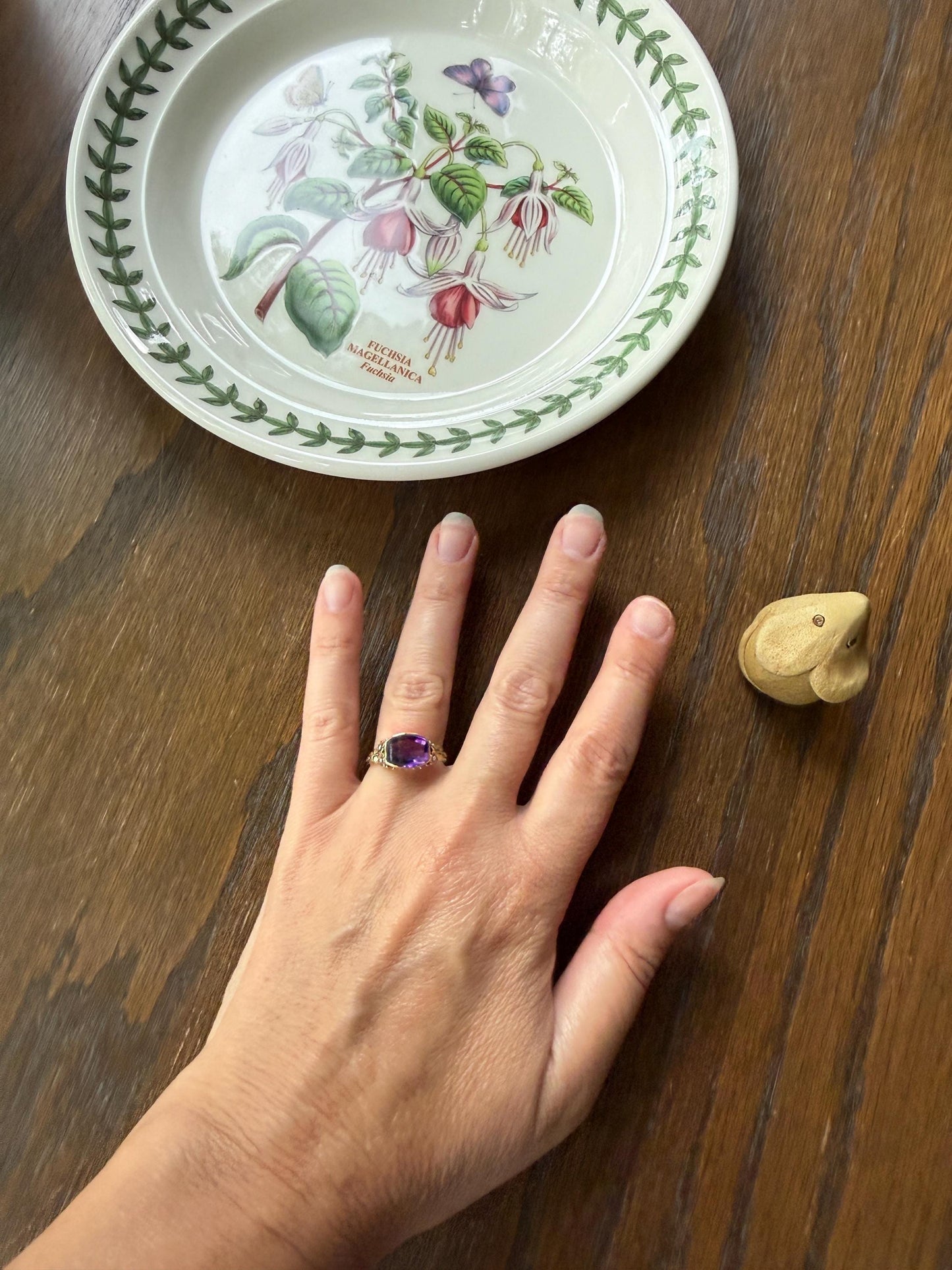 FLORAL Antique AMETHYST Buff Top Purple 18k Tricolor Gold Rose Green French Figural Bead Rivet Forget Me Not Flowers