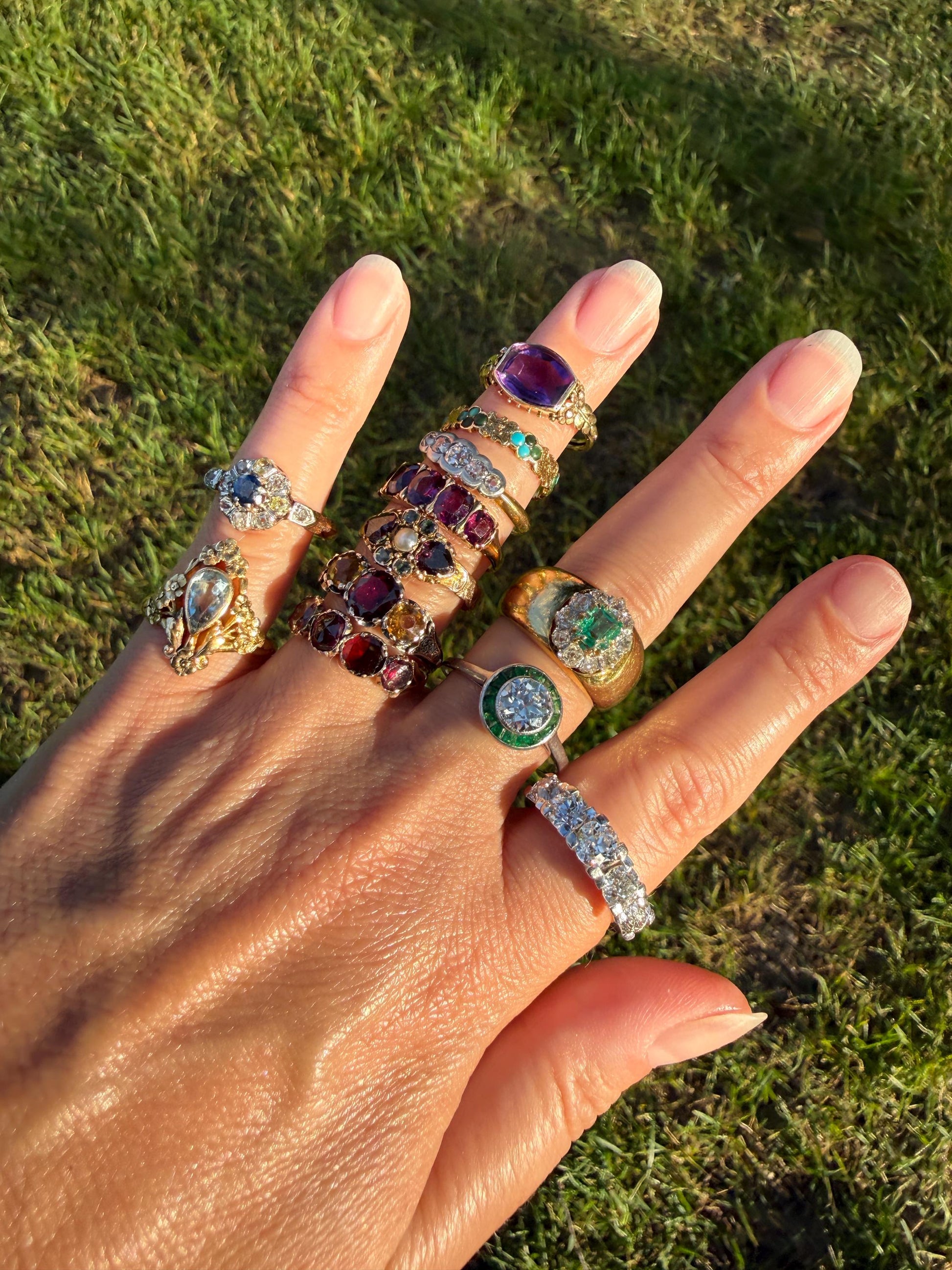 FLORAL Antique AMETHYST Buff Top Purple 18k Tricolor Gold Rose Green French Figural Bead Rivet Forget Me Not Flowers