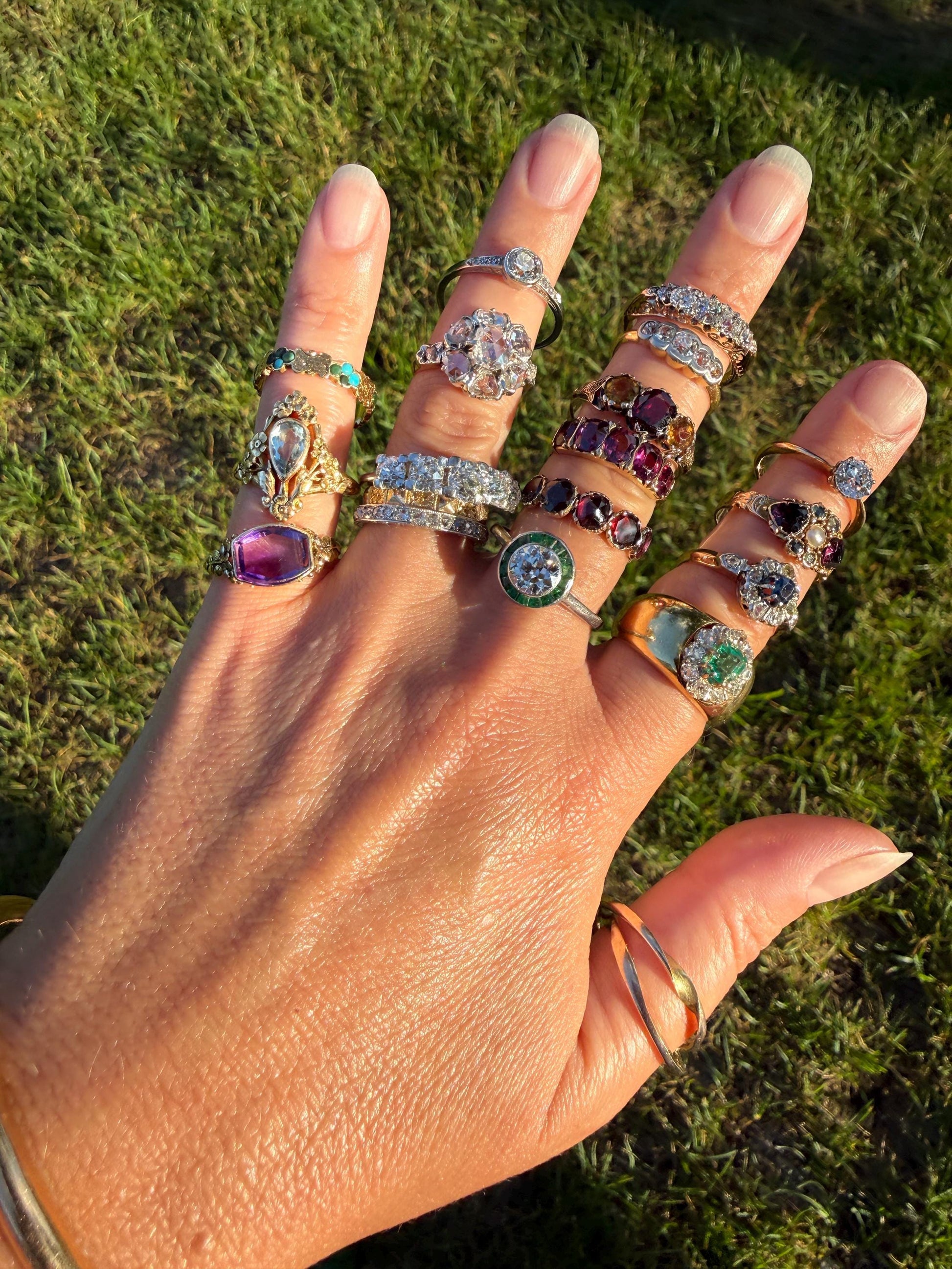 FLORAL Antique AMETHYST Buff Top Purple 18k Tricolor Gold Rose Green French Figural Bead Rivet Forget Me Not Flowers