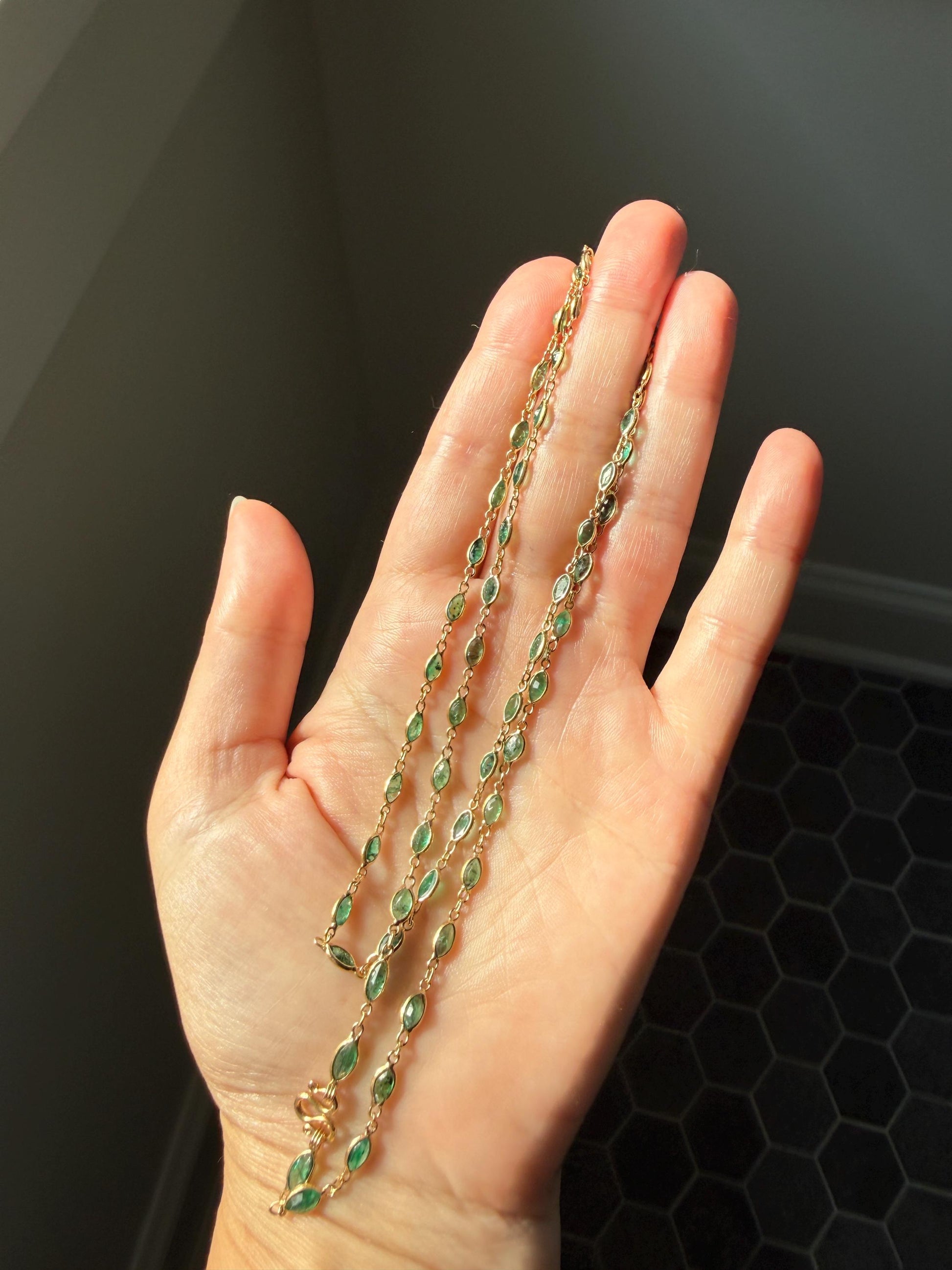 EMERALD 59 Marquise Green Bezel Set Station Chain Necklace 24" Long French Vintage Neckstack