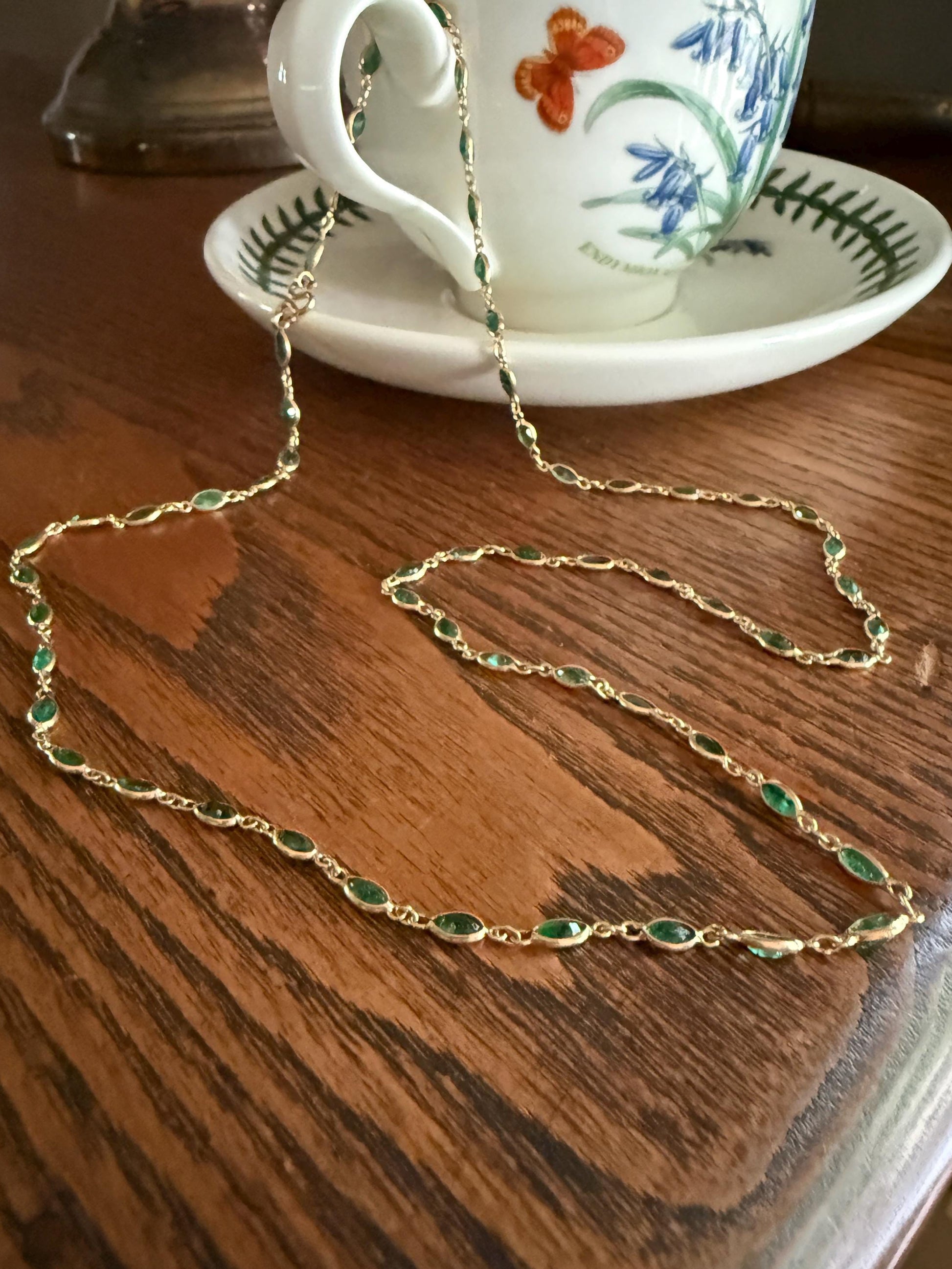 EMERALD 59 Marquise Green Bezel Set Station Chain Necklace 24" Long French Vintage Neckstack