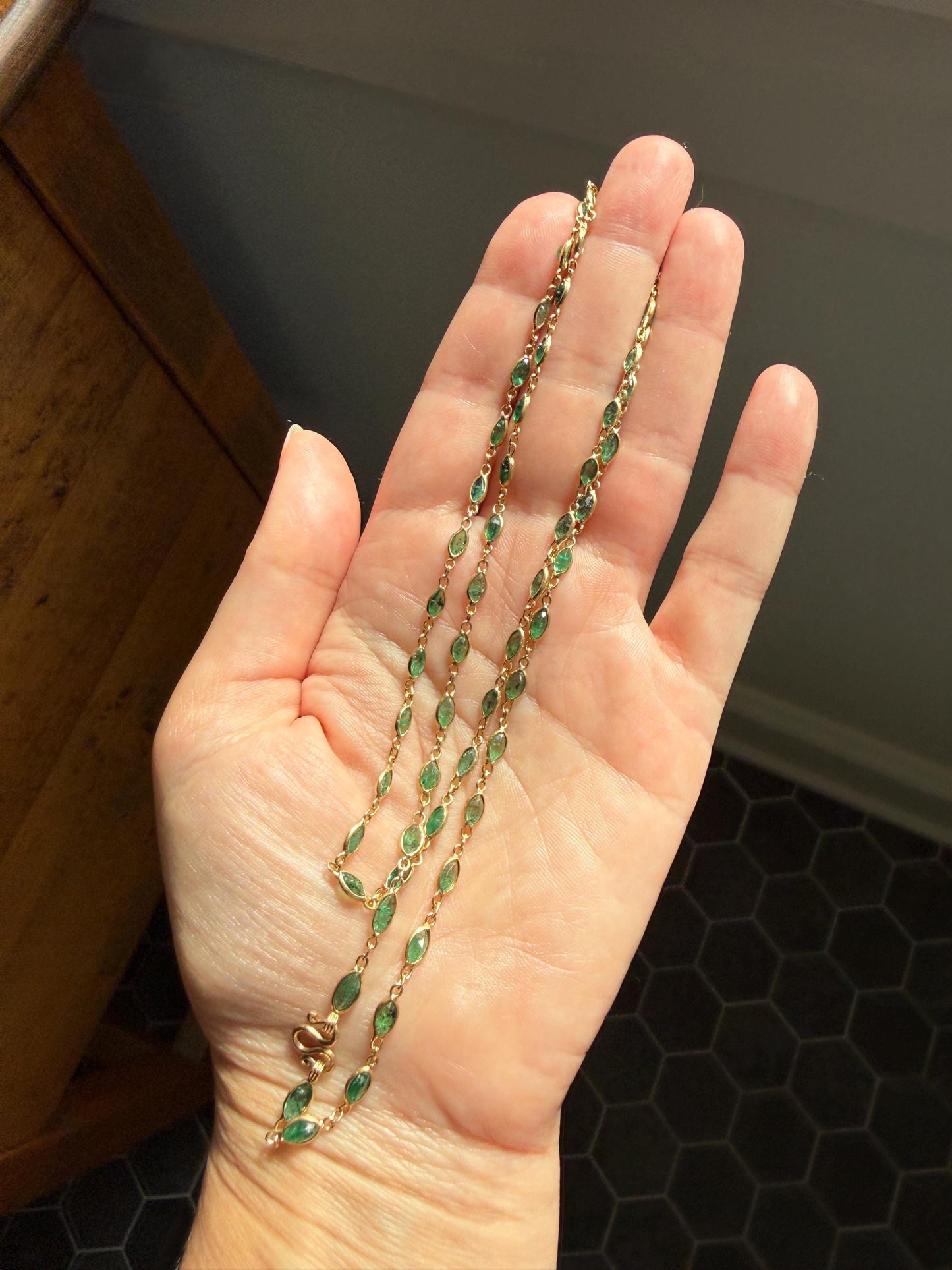 EMERALD 59 Marquise Green Bezel Set Station Chain Necklace 24" Long French Vintage Neckstack