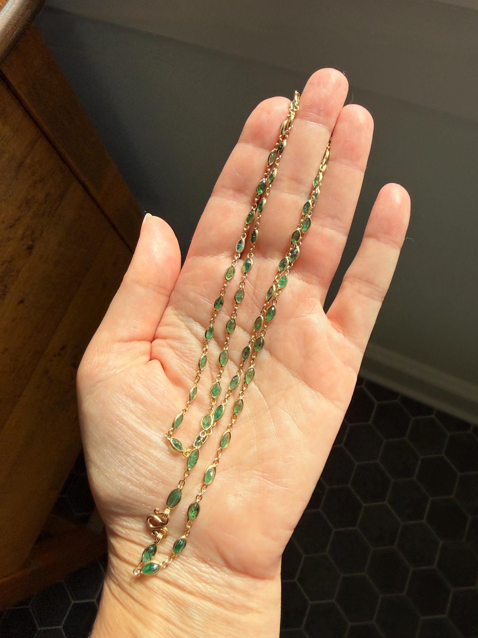 EMERALD 59 Marquise Green Bezel Set Station Chain Necklace 24" Long French Vintage Neckstack