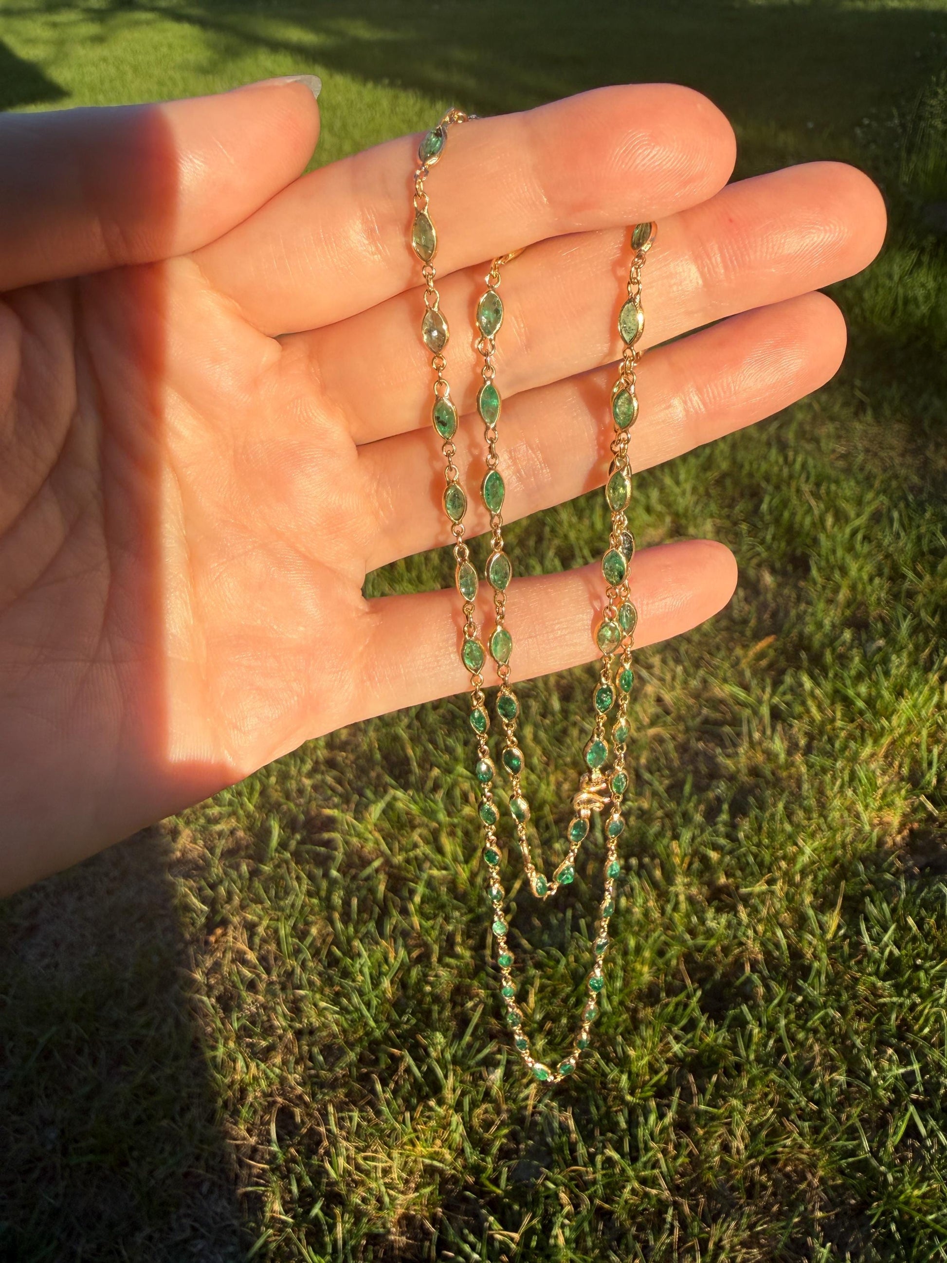EMERALD 59 Marquise Green Bezel Set Station Chain Necklace 24" Long French Vintage Neckstack