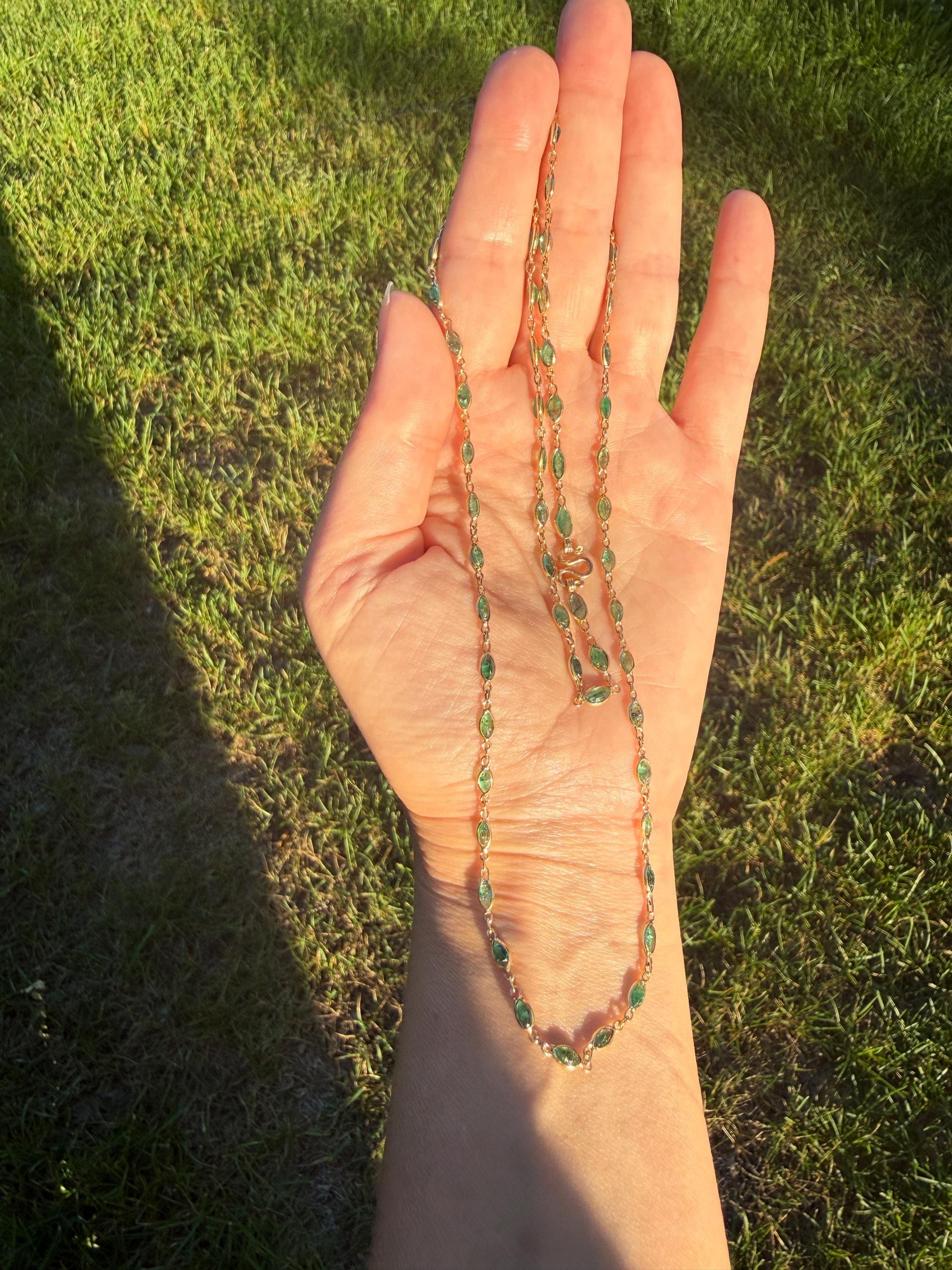 EMERALD 59 Marquise Green Bezel Set Station Chain Necklace 24" Long French Vintage Neckstack