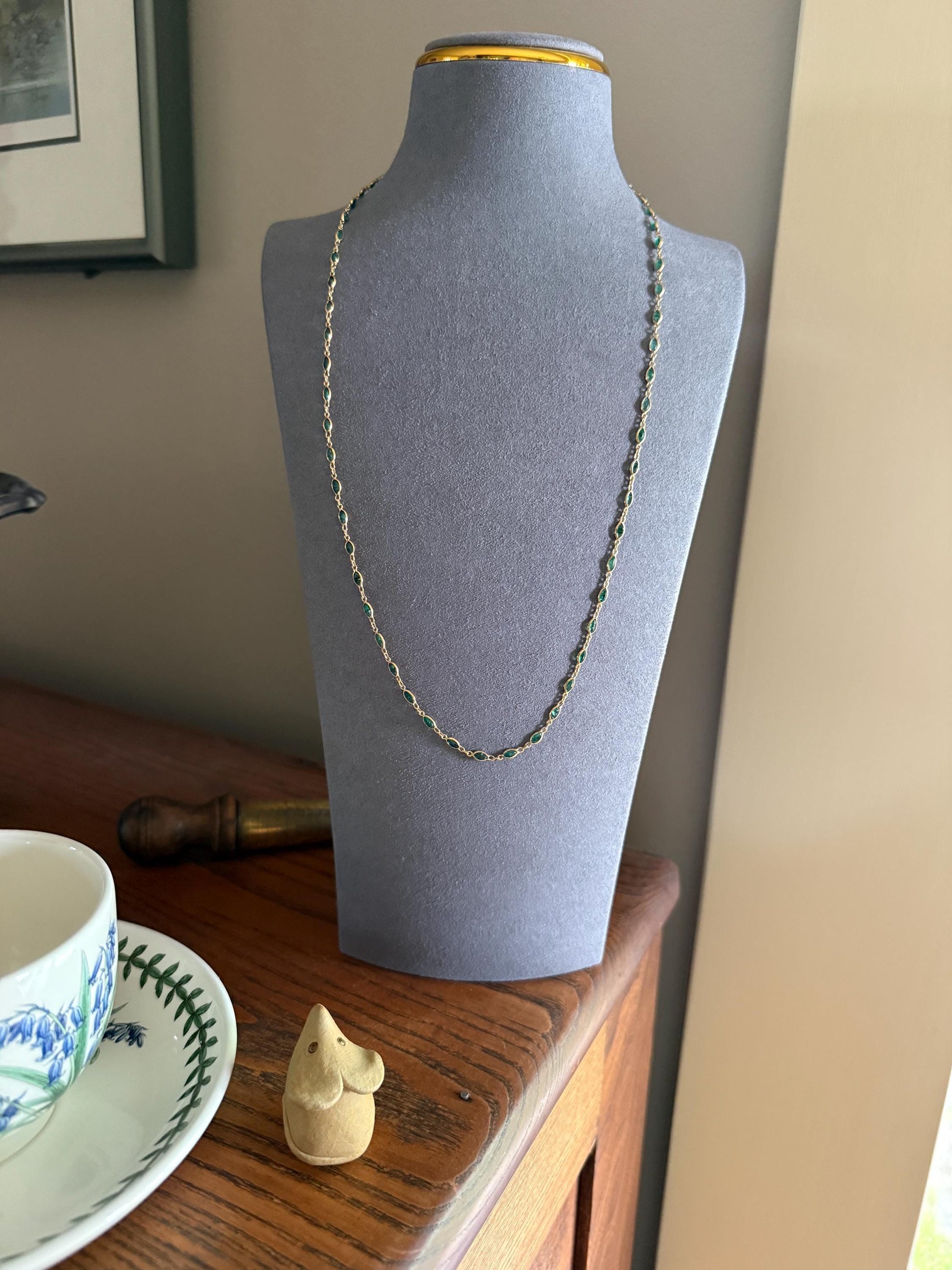 EMERALD 59 Marquise Green Bezel Set Station Chain Necklace 24" Long French Vintage Neckstack