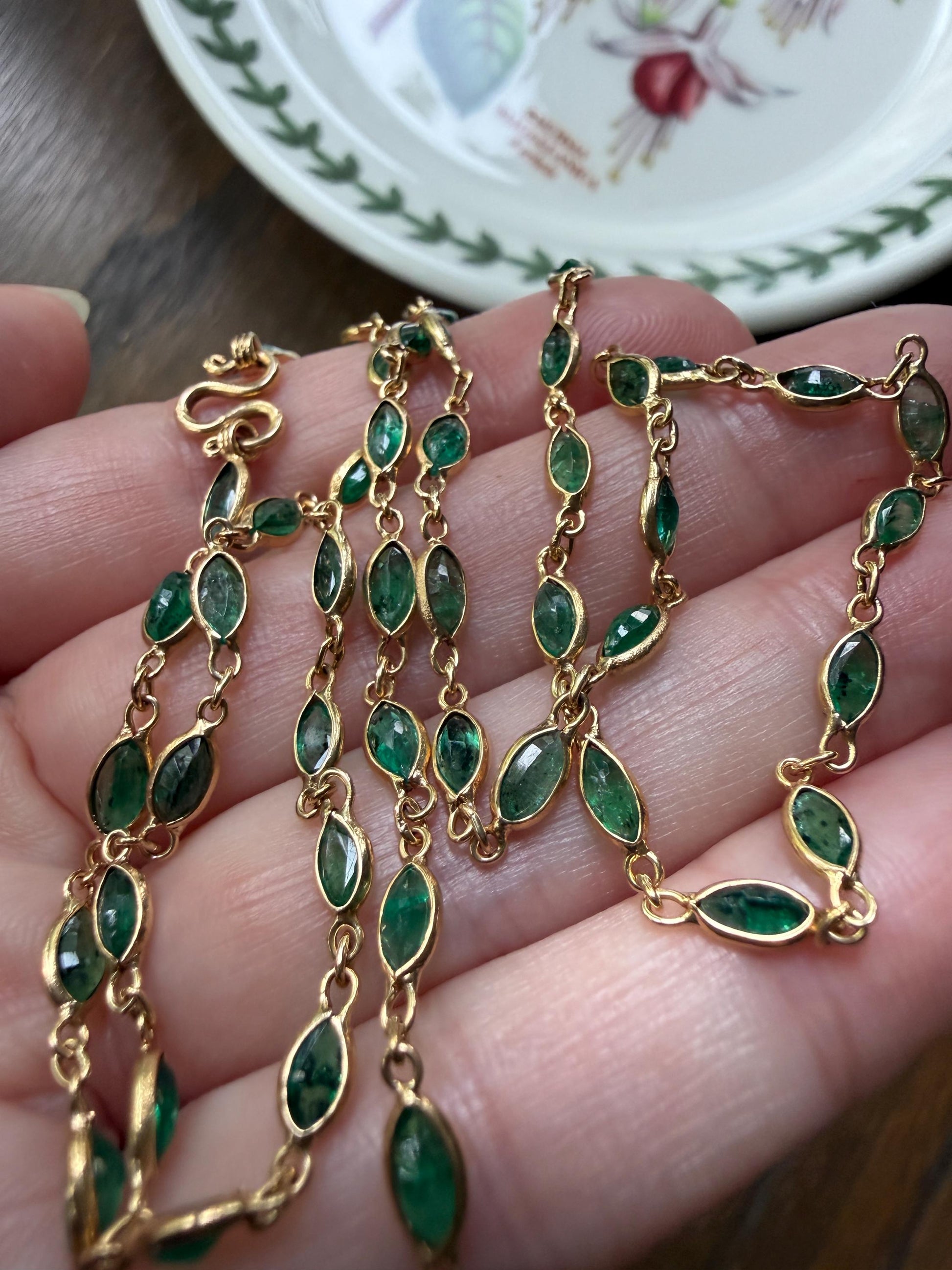 EMERALD 59 Marquise Green Bezel Set Station Chain Necklace 24" Long French Vintage Neckstack
